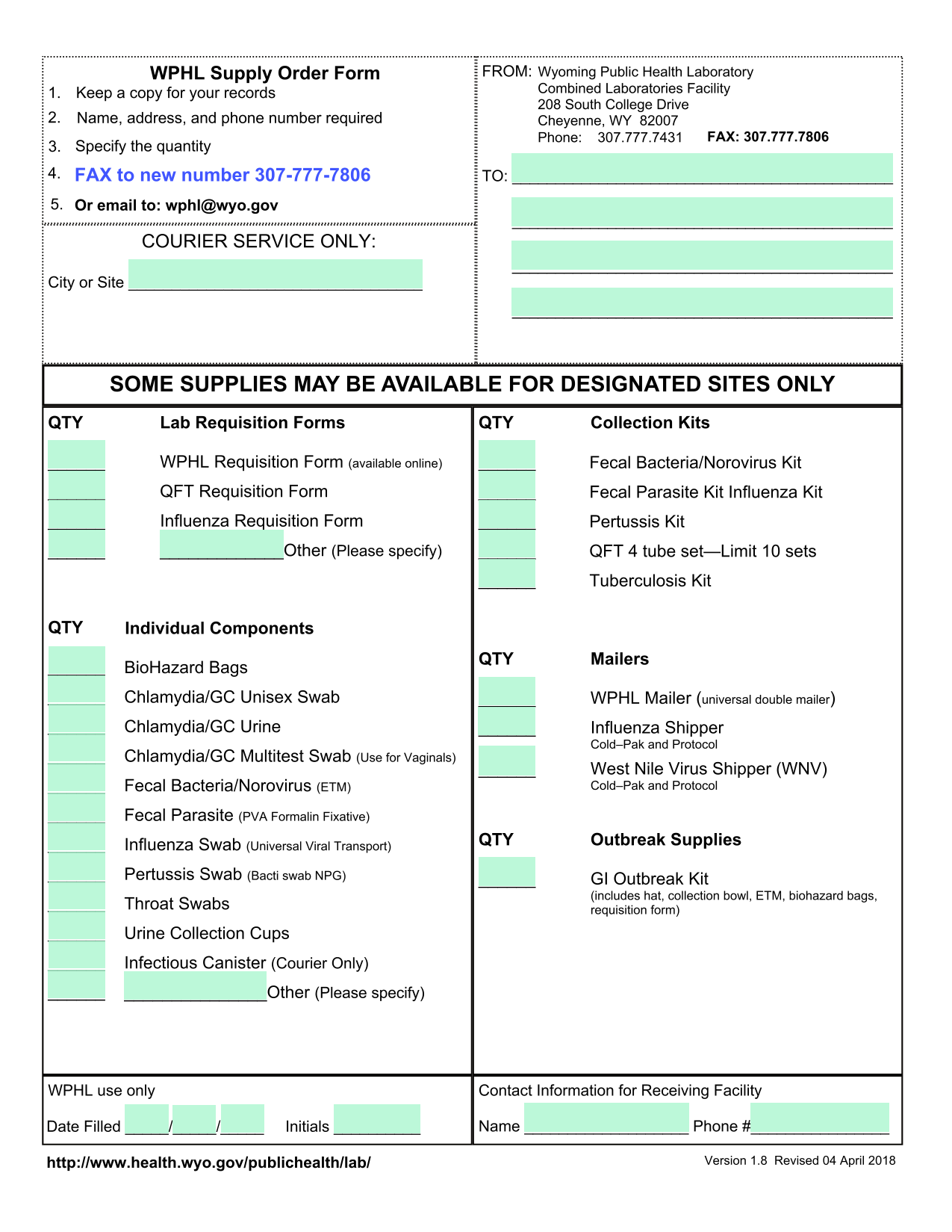 WPHL Supply Order Form screenshot
