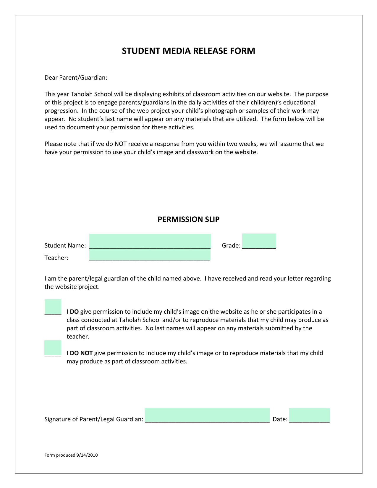 Student Media Release Form screenshot