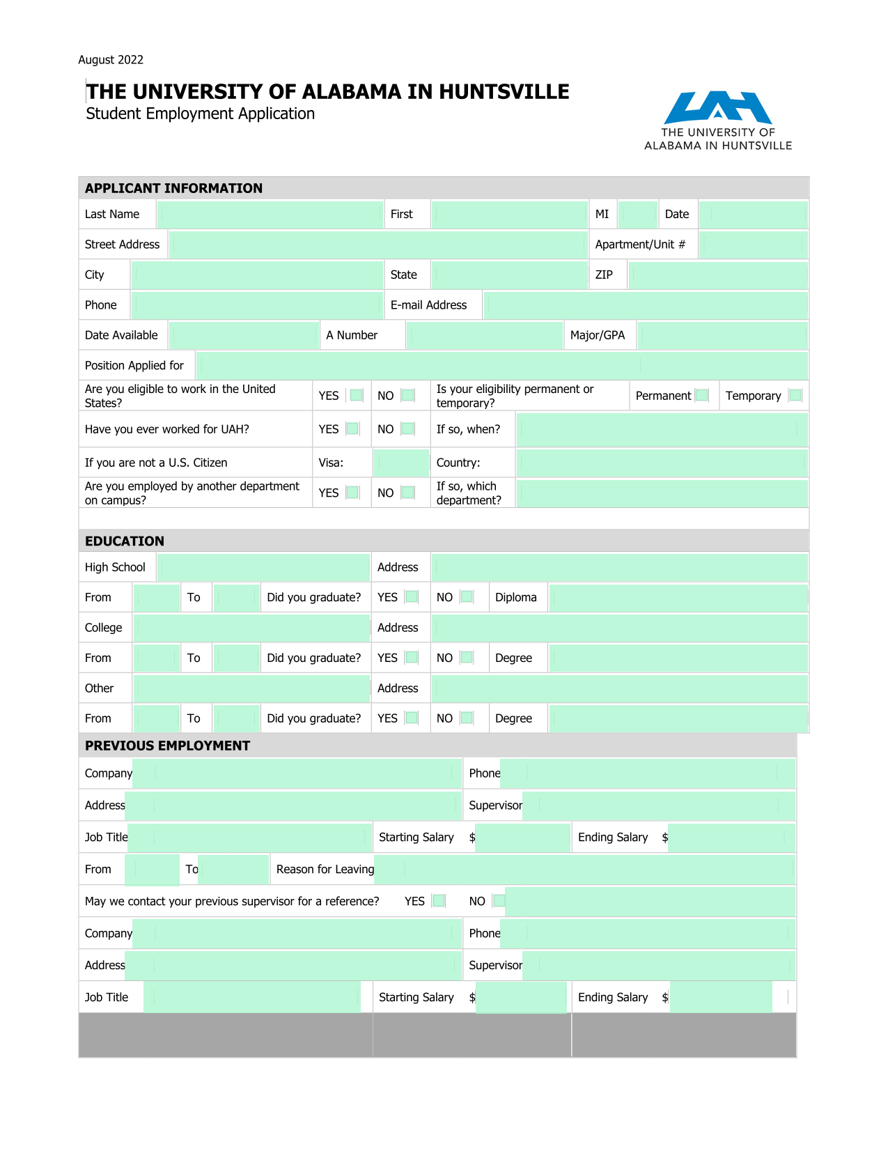 Student Employment Application screenshot