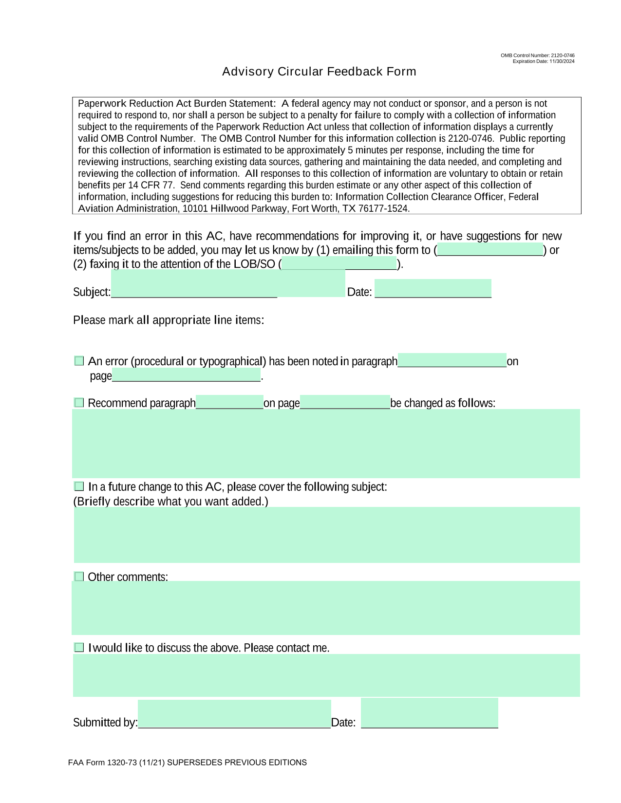 Advisory Circular Feedback Form screenshot