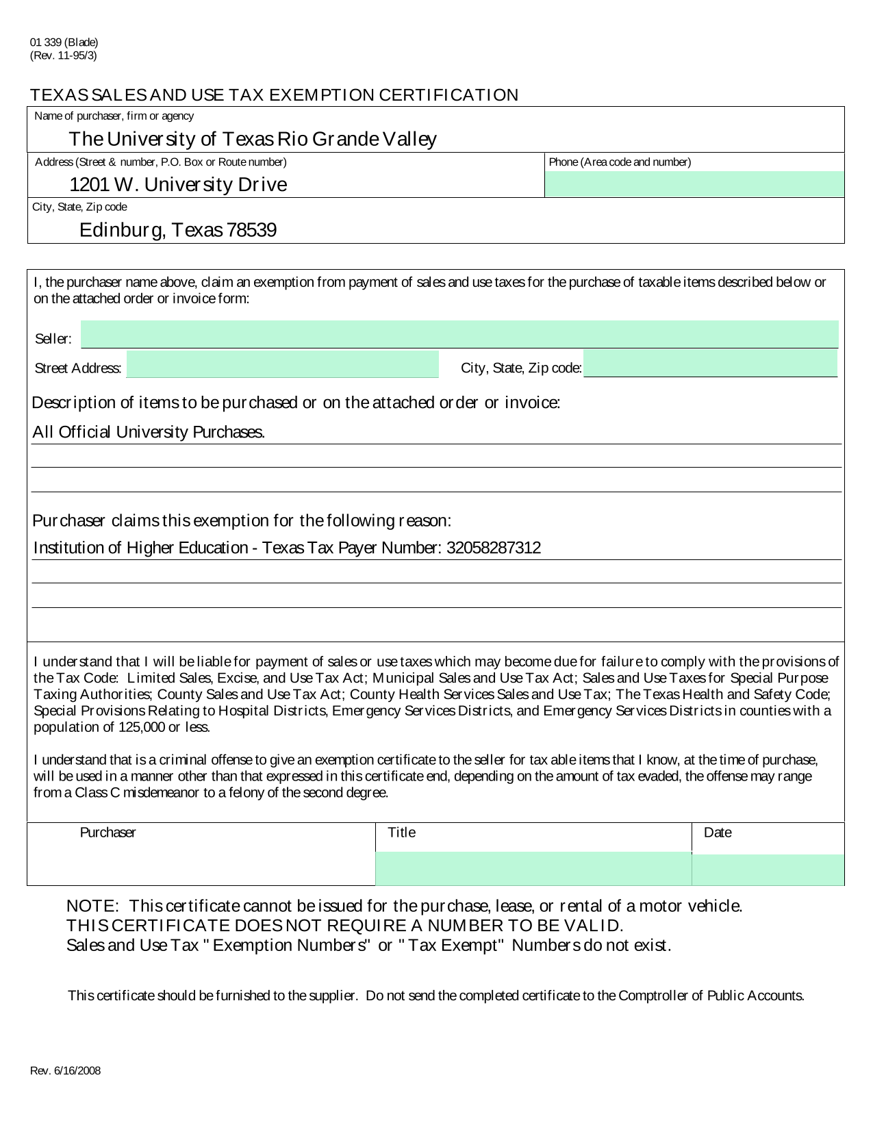 Texas Sales And Use Tax Exemption Certification screenshot
