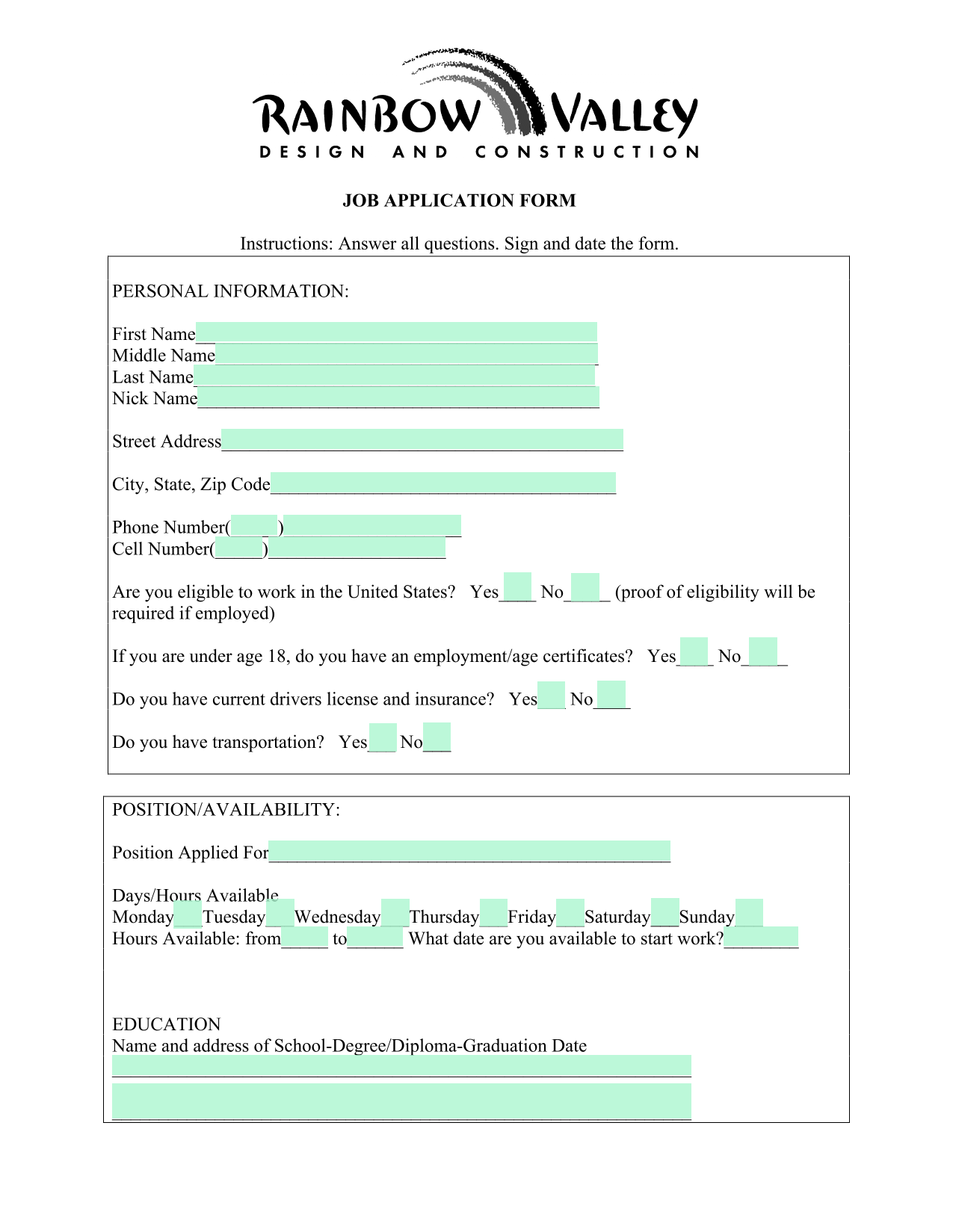 JOB APPLICATION FORM screenshot