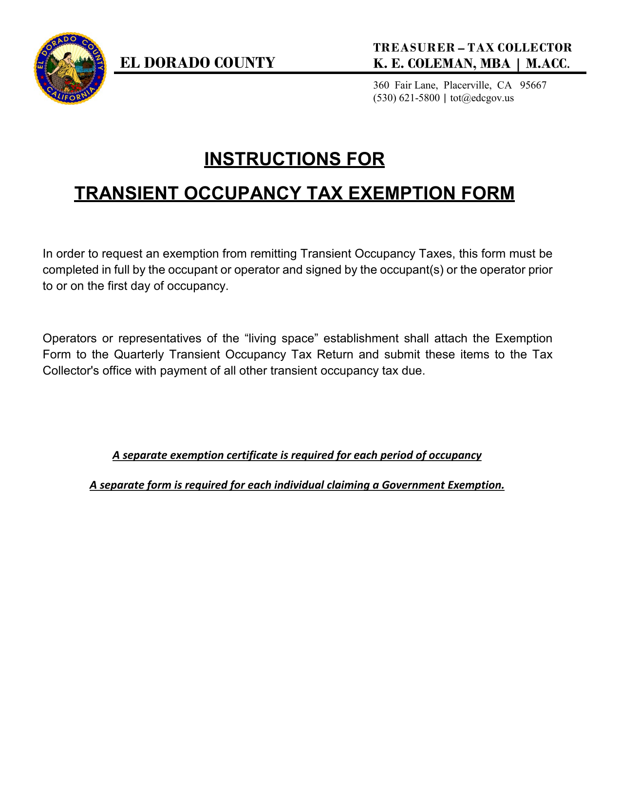Transient Occupancy Tax Exemption Form screenshot