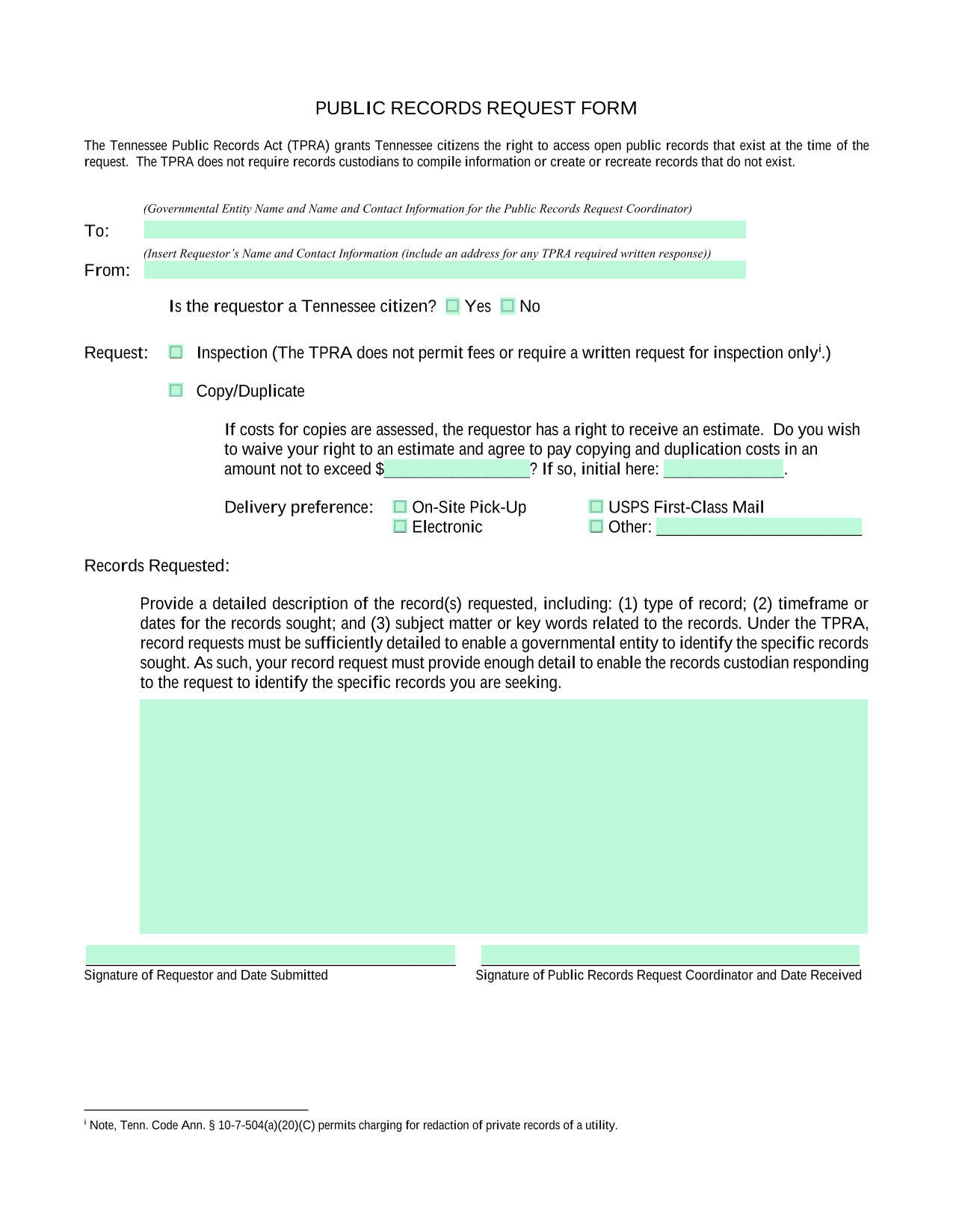 PUBLIC RECORDS REQUEST FORM screenshot