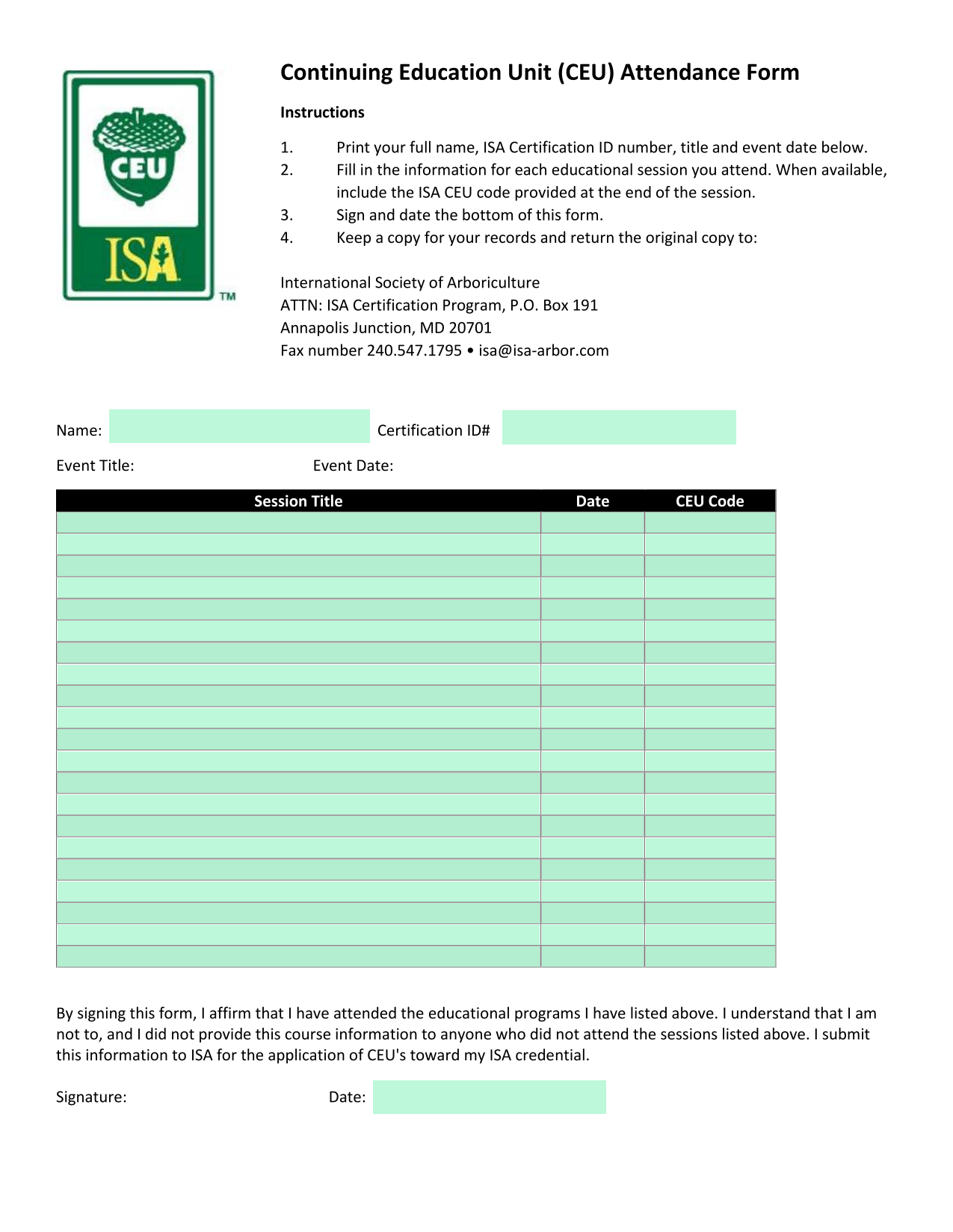 Continuing Education Unit (CEU) Attendance Form screenshot