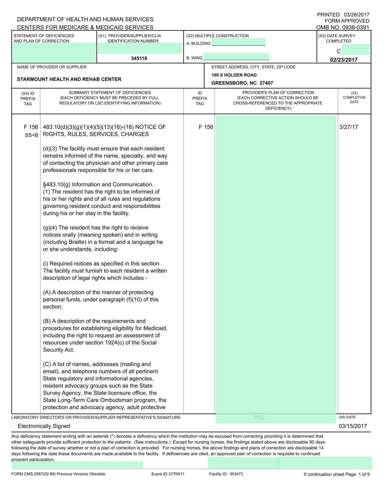 Statement Of Deficiencies And Plan Of Correction screenshot