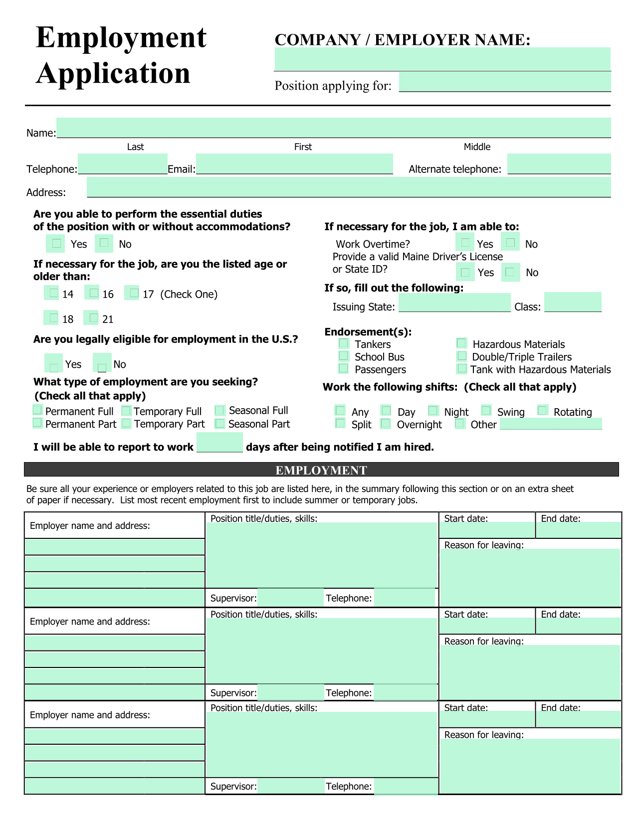 Employment Application screenshot