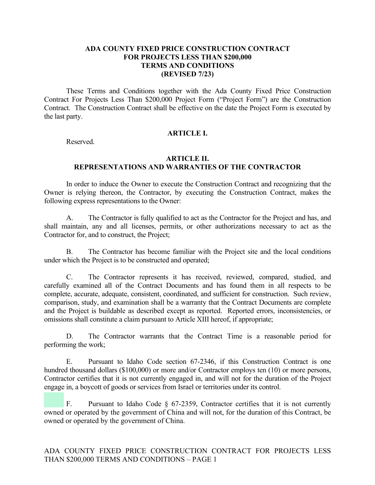 ADA COUNTY FIXED PRICE CONSTRUCTION CONTRACT FOR PROJECTS LESS THAN 200,000 TERMS AND CONDITIONS screenshot