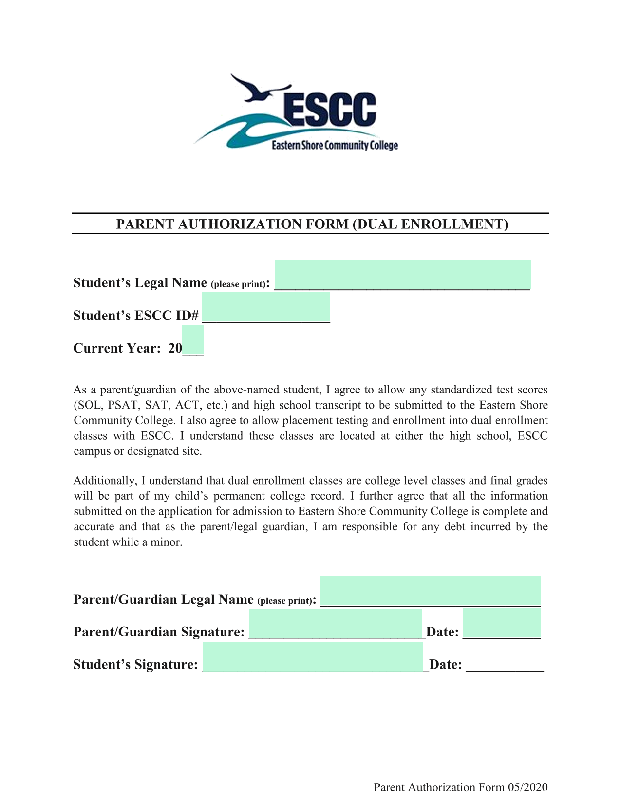 Parent Authorization Form (Dual Enrollment) screenshot