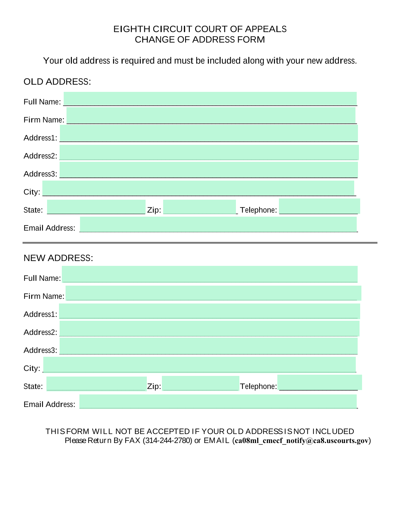 Change Of Address Form screenshot