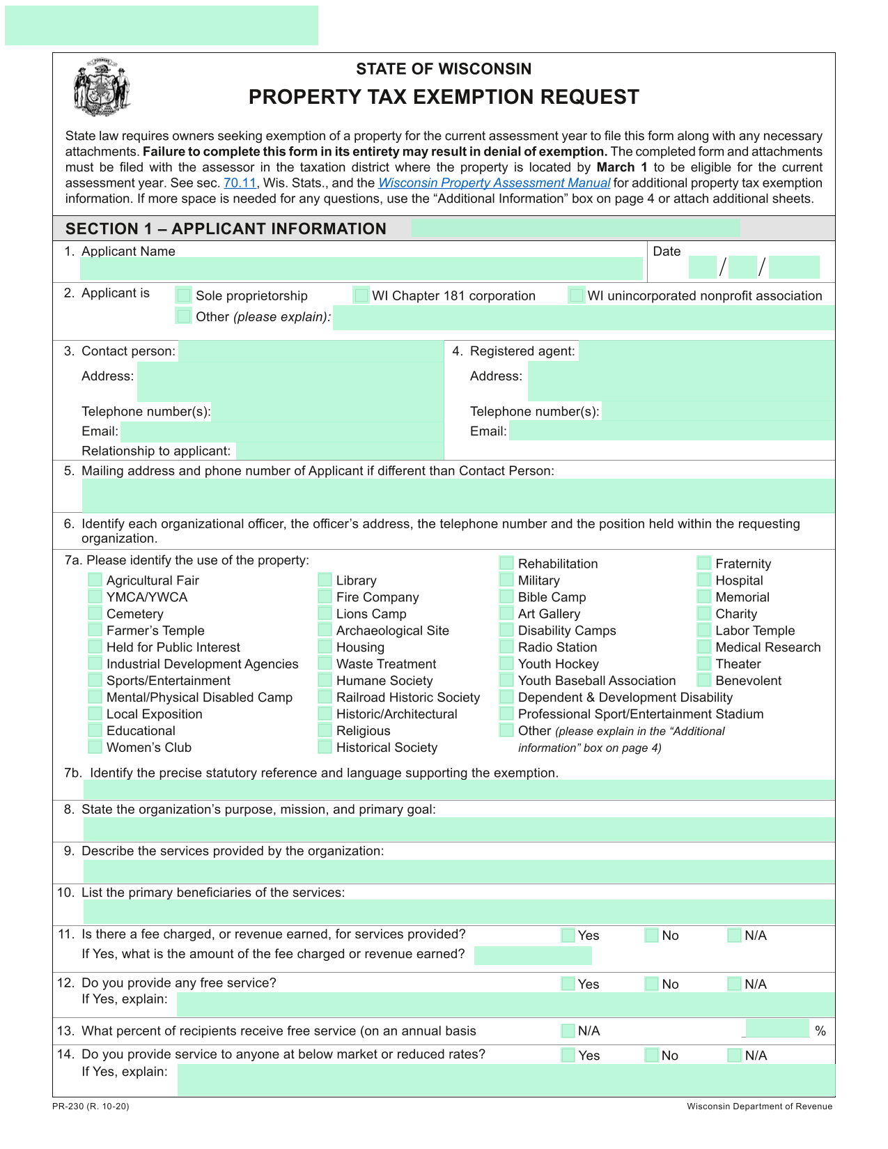 PR 230 Property Tax Exemption Request screenshot