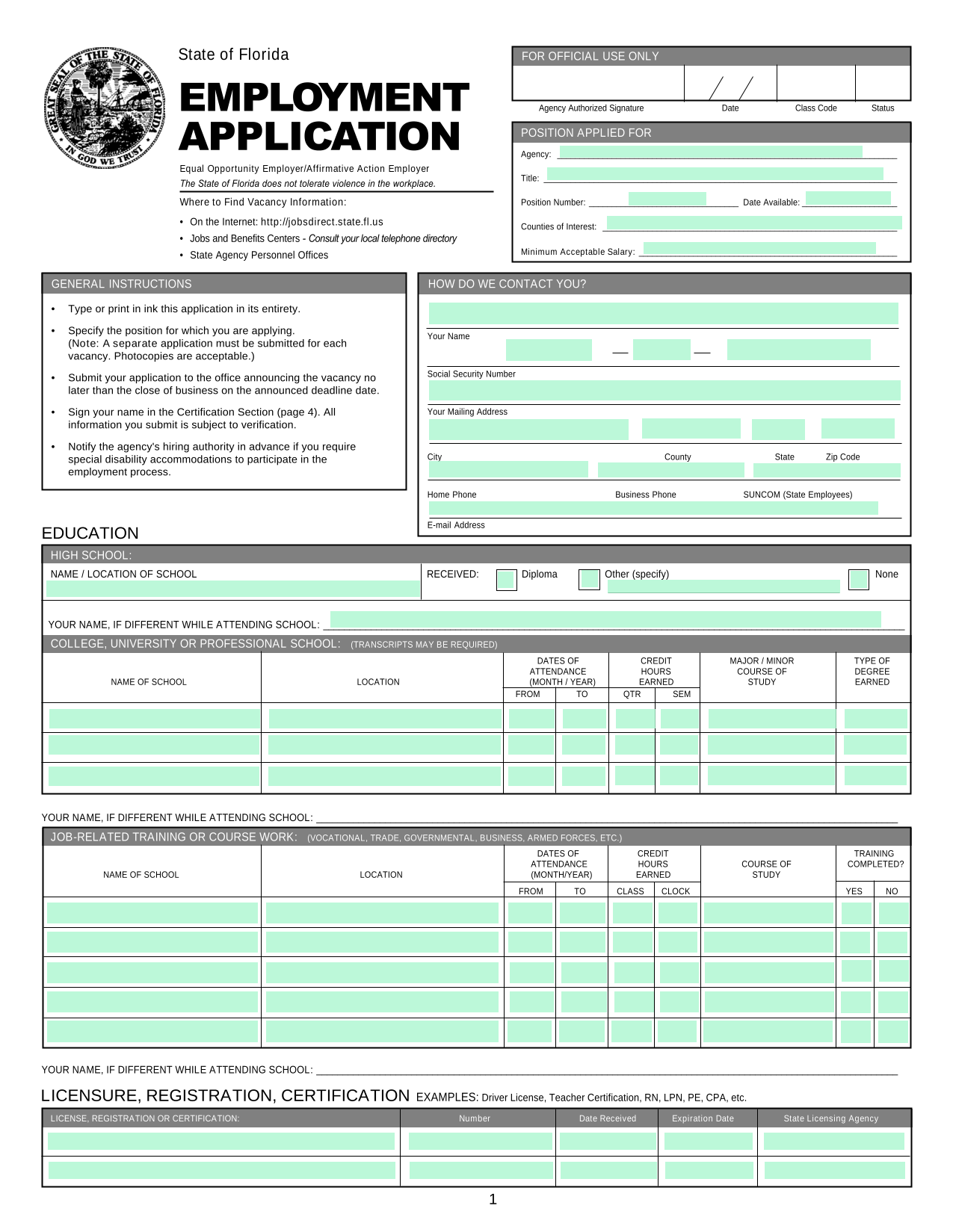 State Of Florida Employment Application screenshot