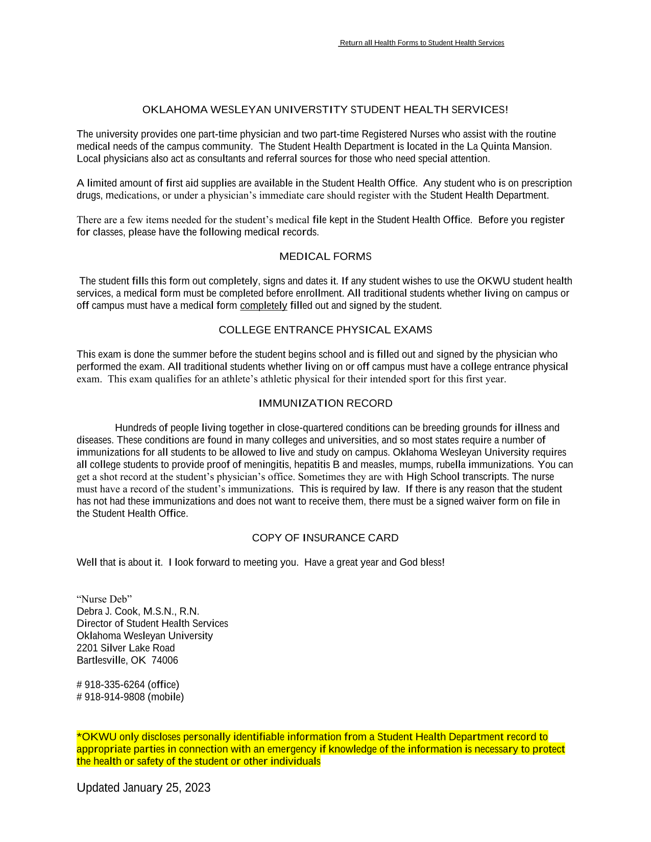 Oklahoma Wesleyan University Student Health Services Information screenshot