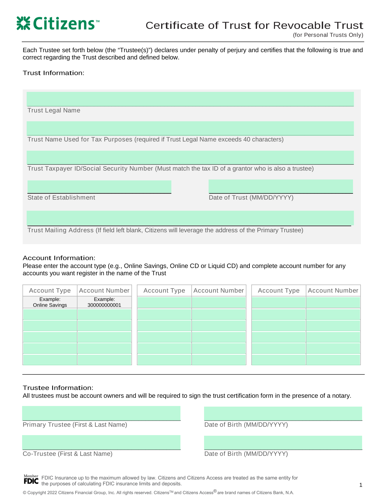 Certificate Of Trust For Revocable Trust screenshot