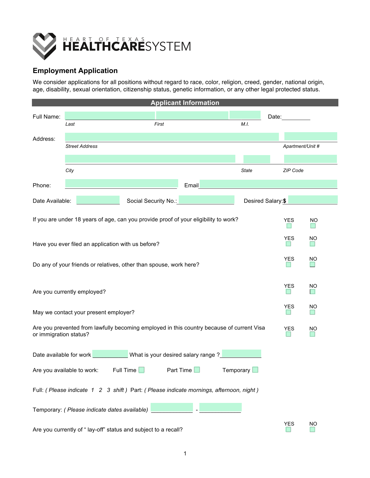 Employment Application screenshot