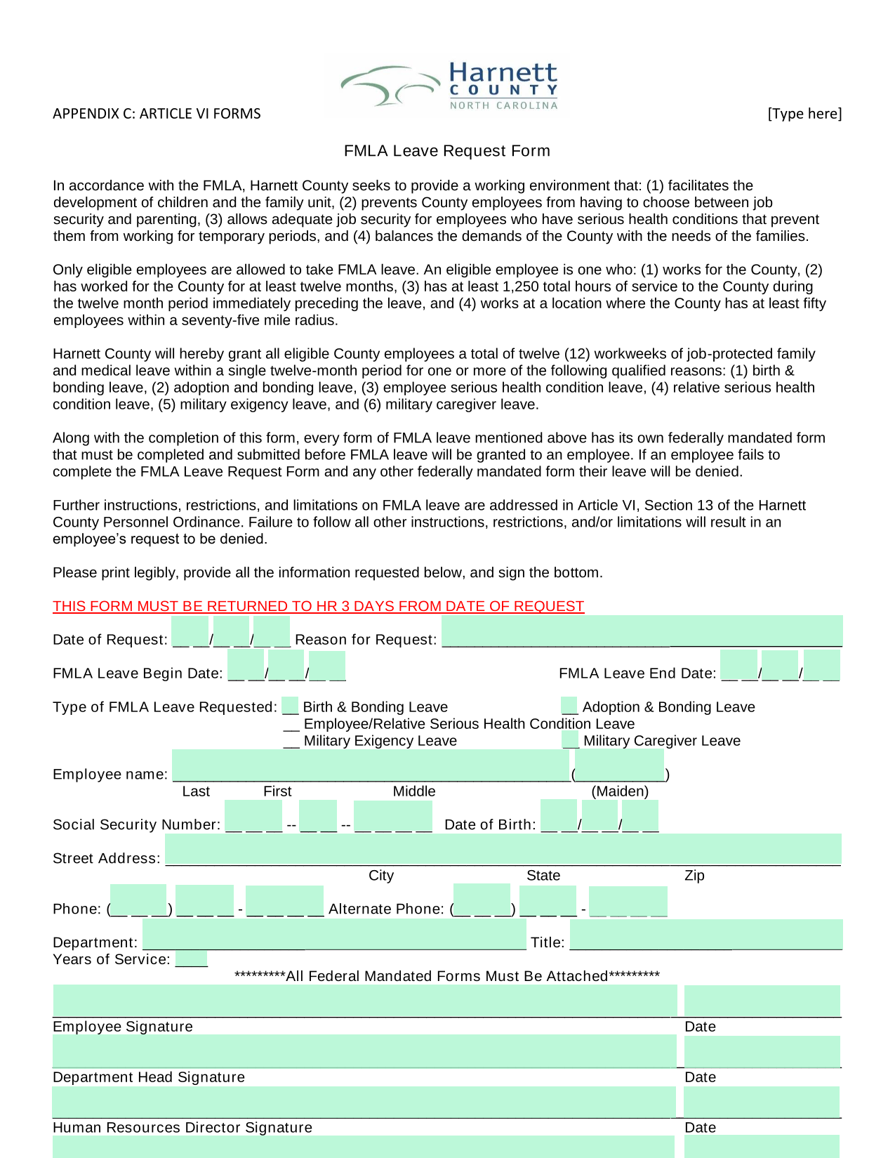 FMLA Leave Request Form screenshot