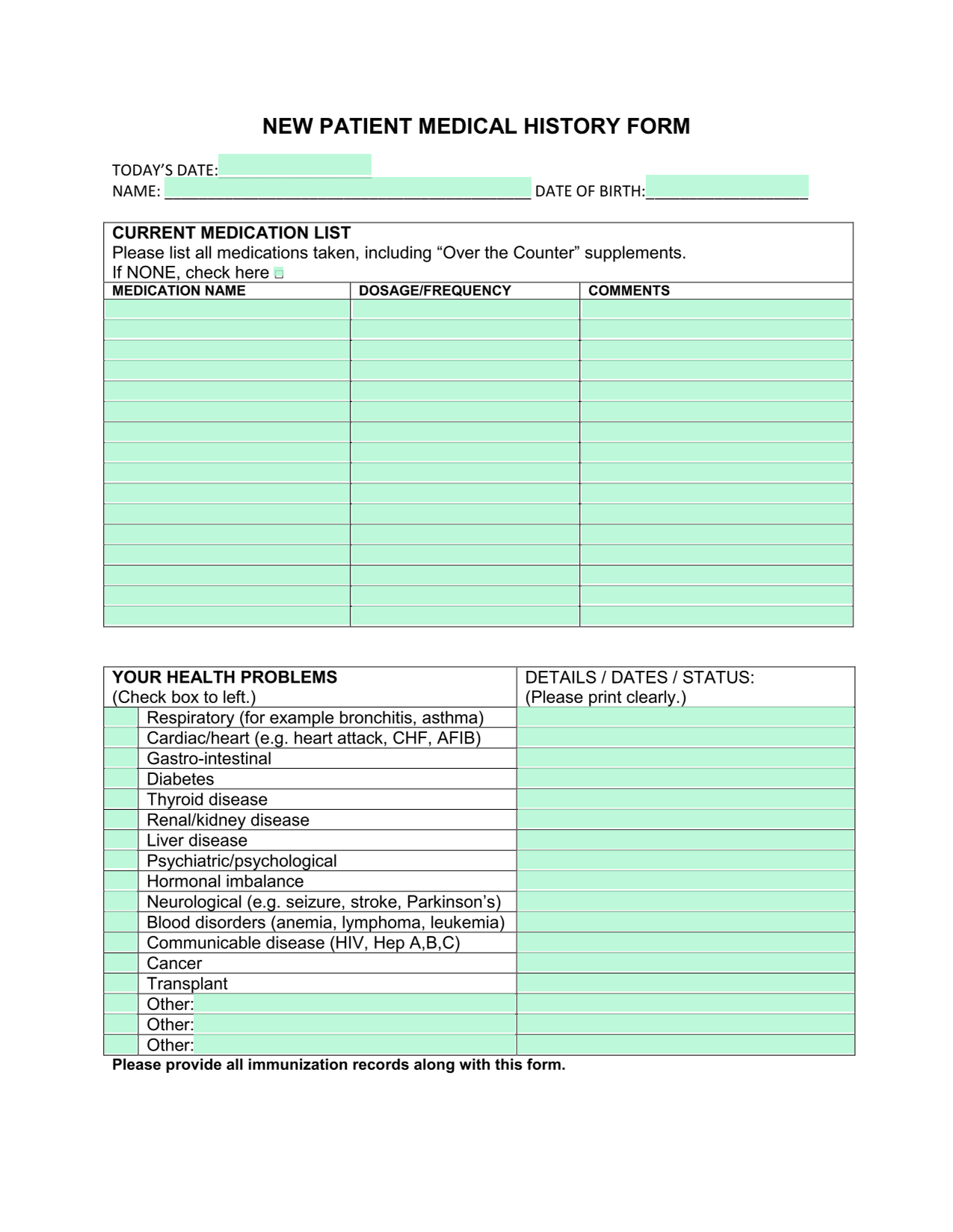 NEW PATIENT MEDICAL HISTORY FORM screenshot