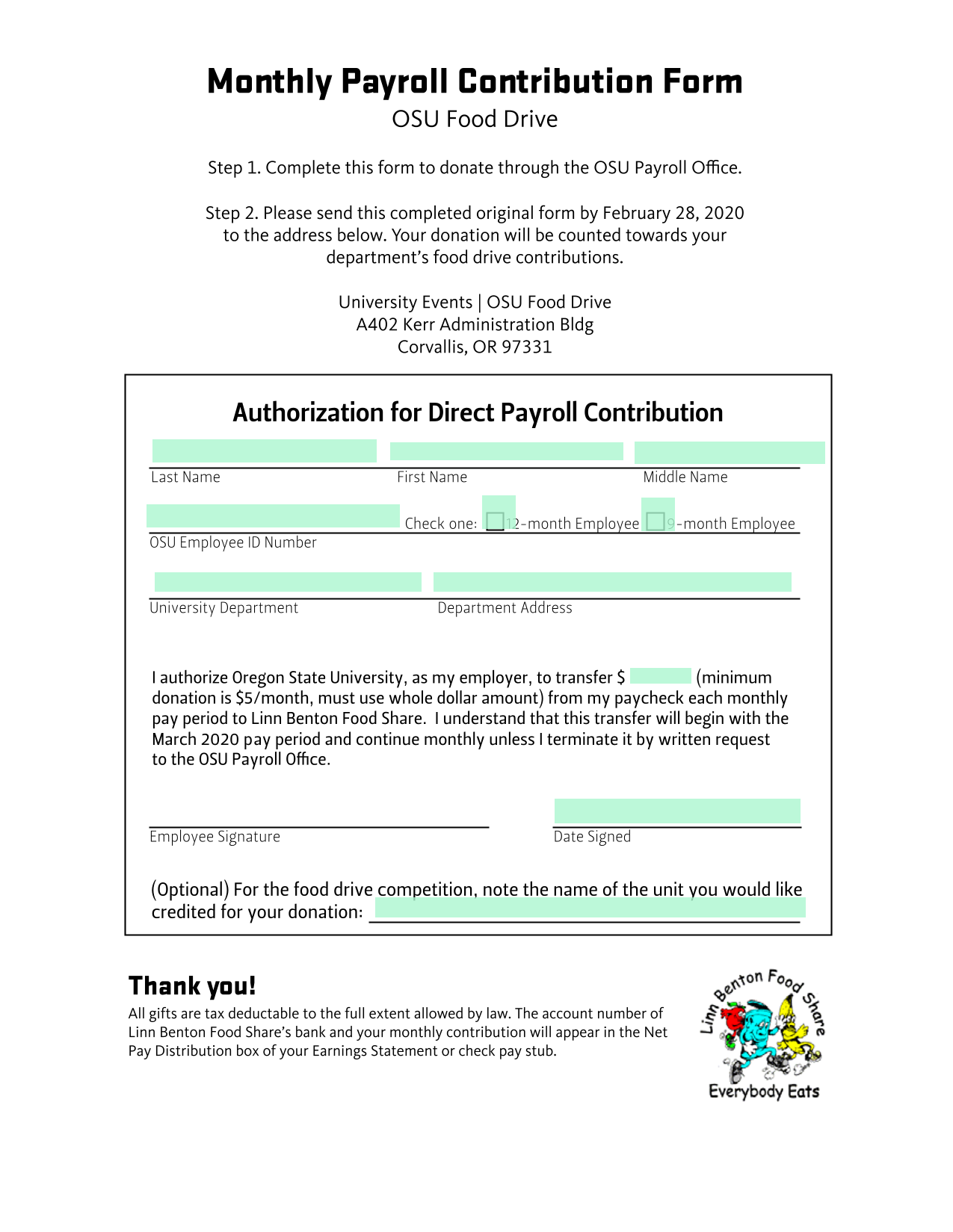 Monthly Payroll Contribution Form screenshot