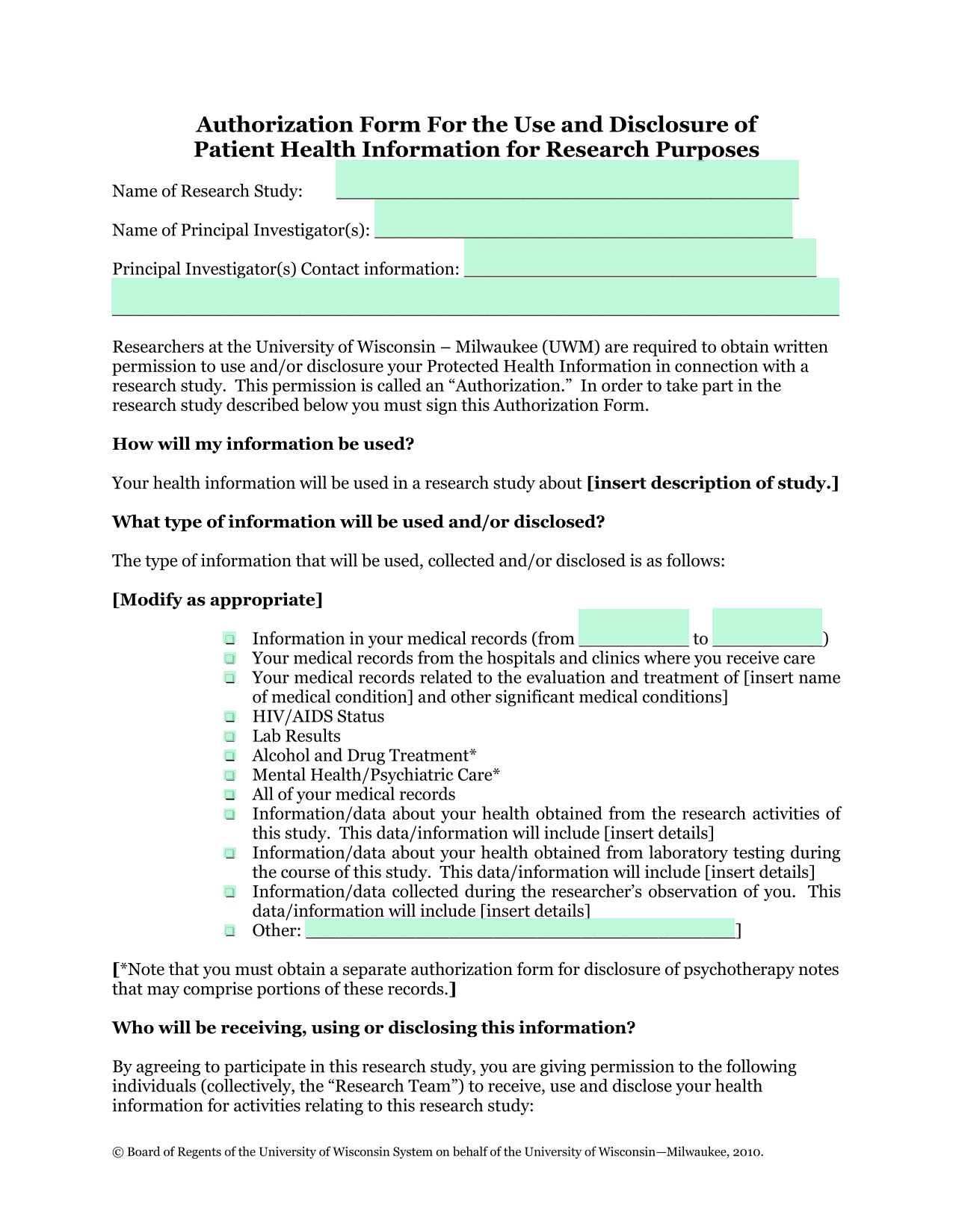 Authorization Form For The Use And Disclosure Of Patient Health Information For Research Purposes screenshot
