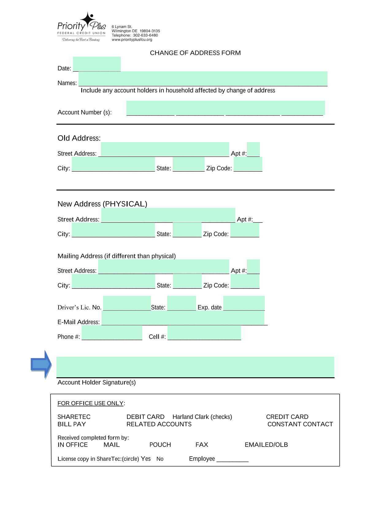 Change Of Address Form screenshot