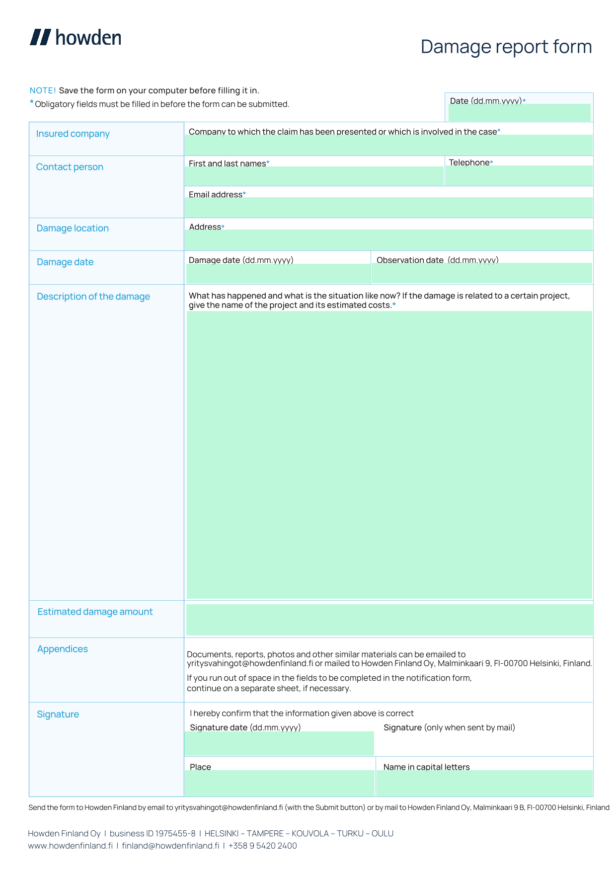 Damage Report Form screenshot