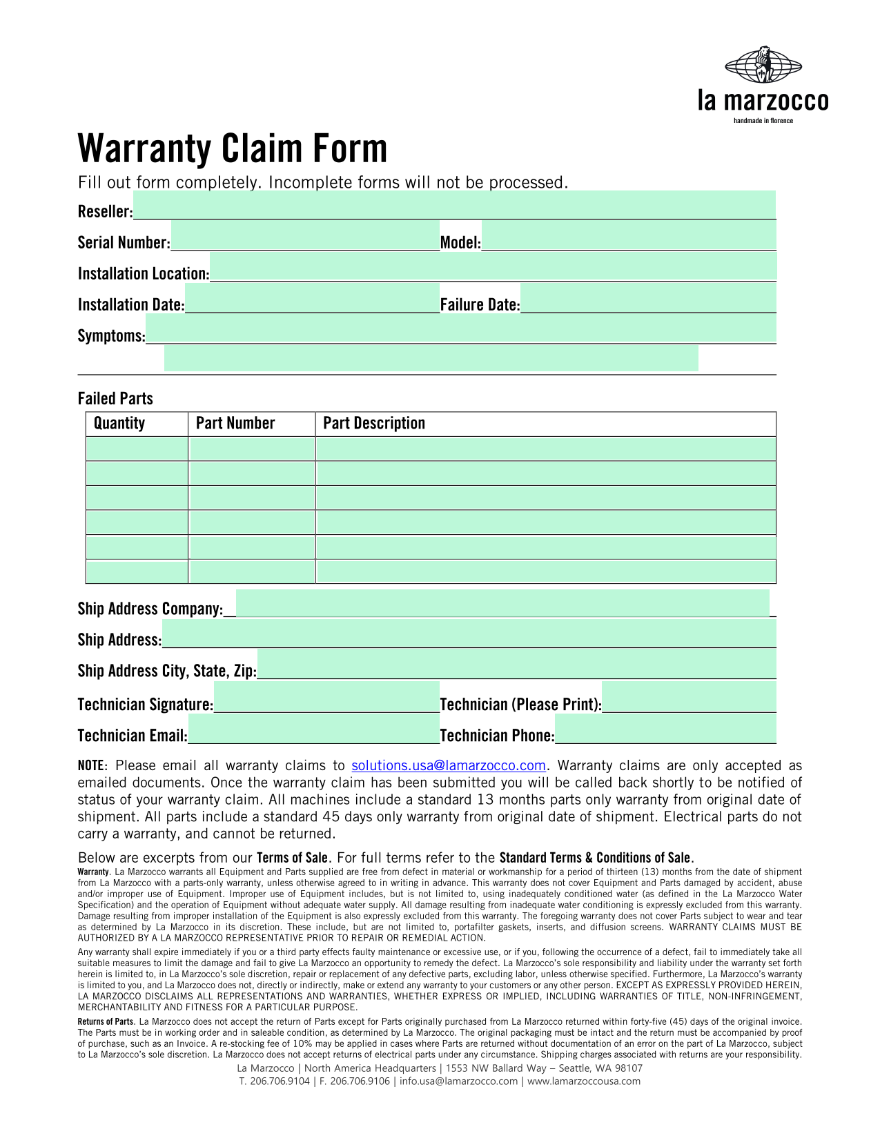 Warranty Claim Form screenshot