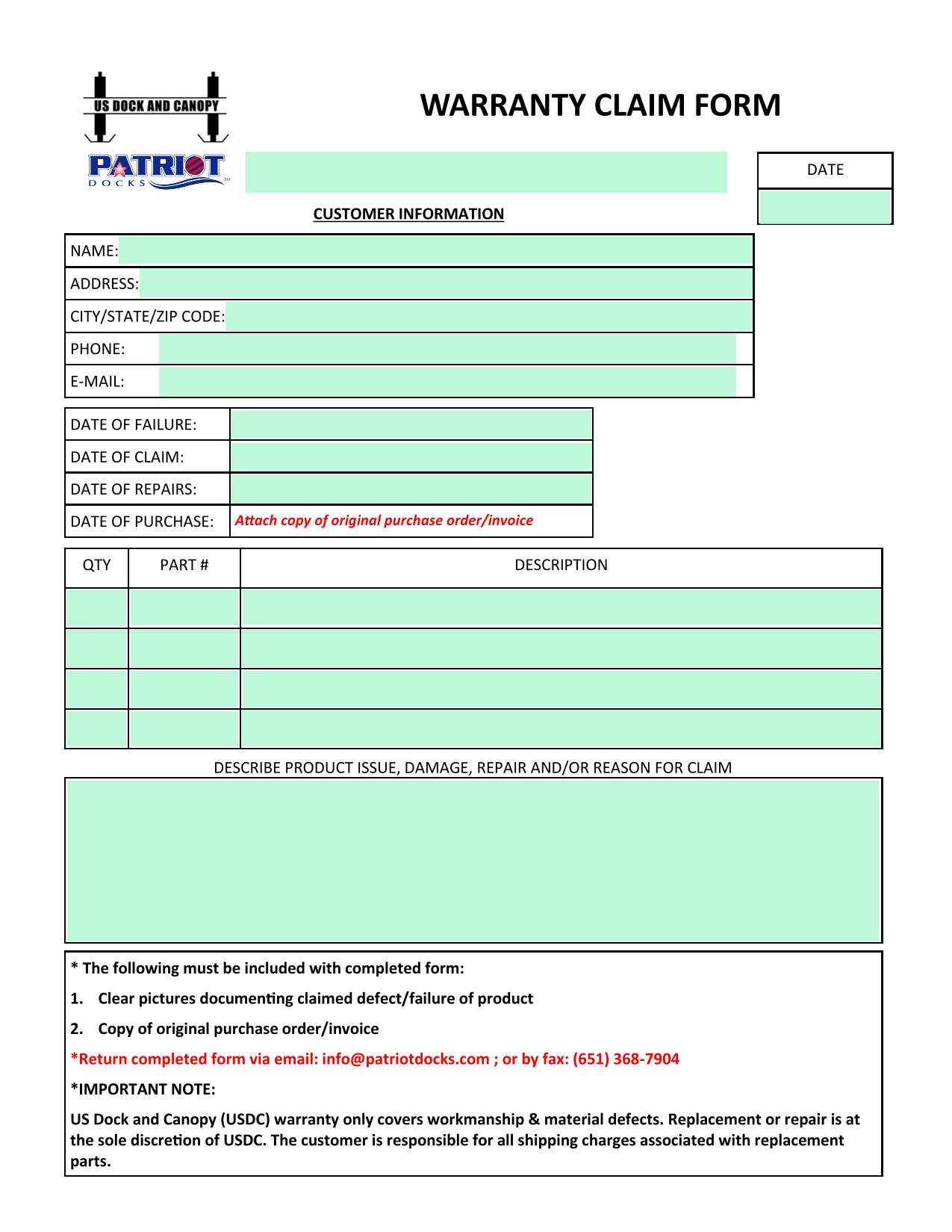 WARRANTY CLAIM FORM screenshot