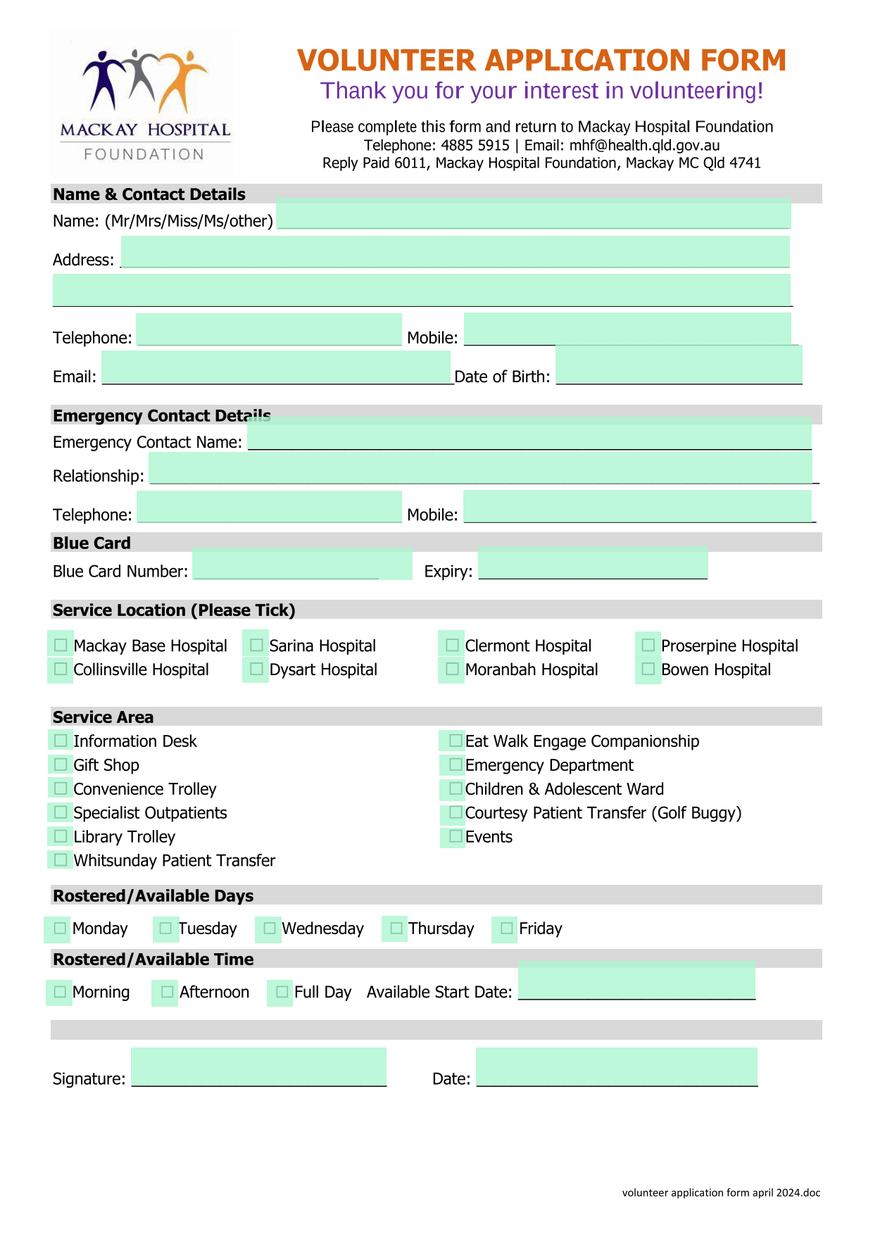 Volunteer Application Form screenshot