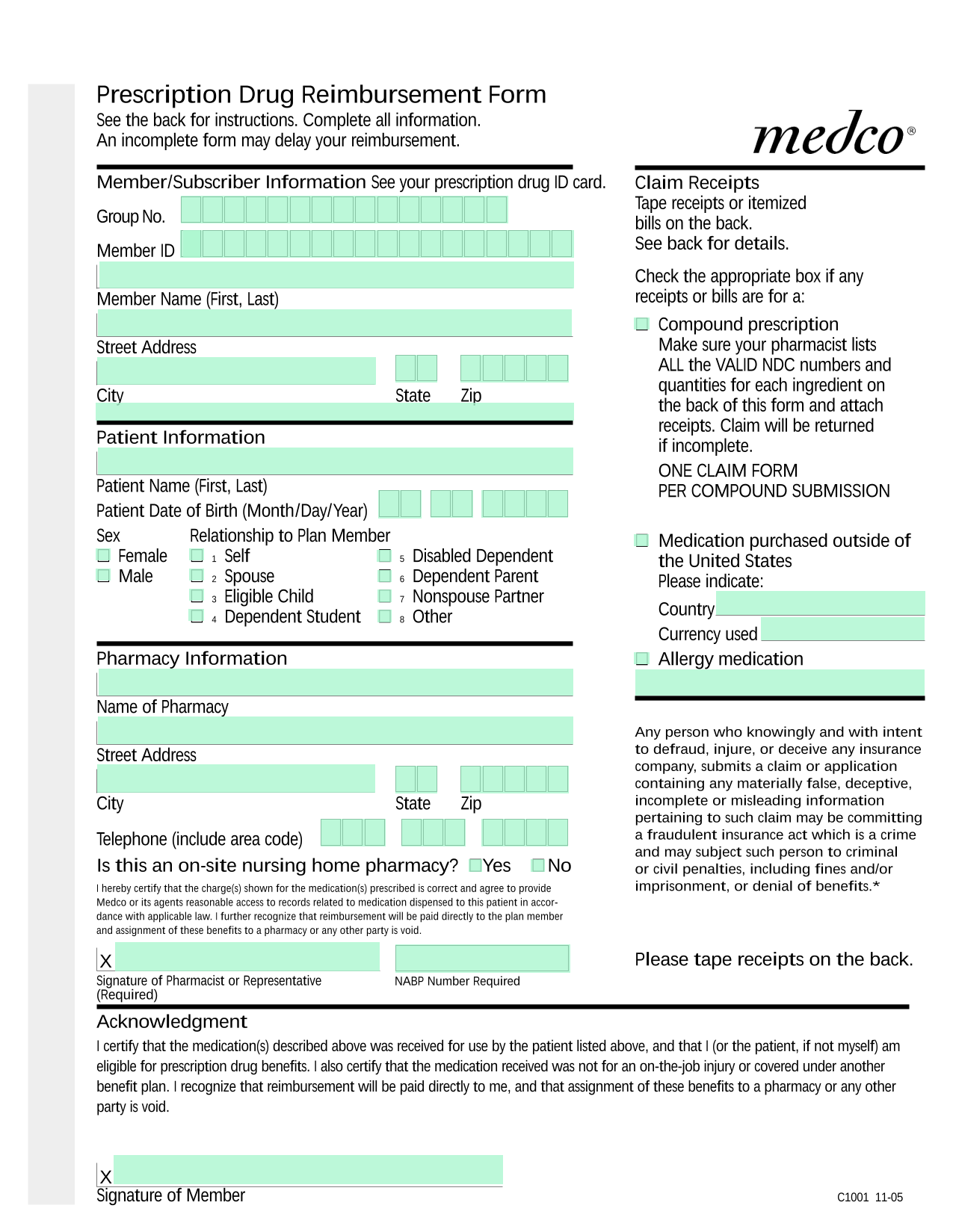 Prescription Drug Reimbursement Form screenshot