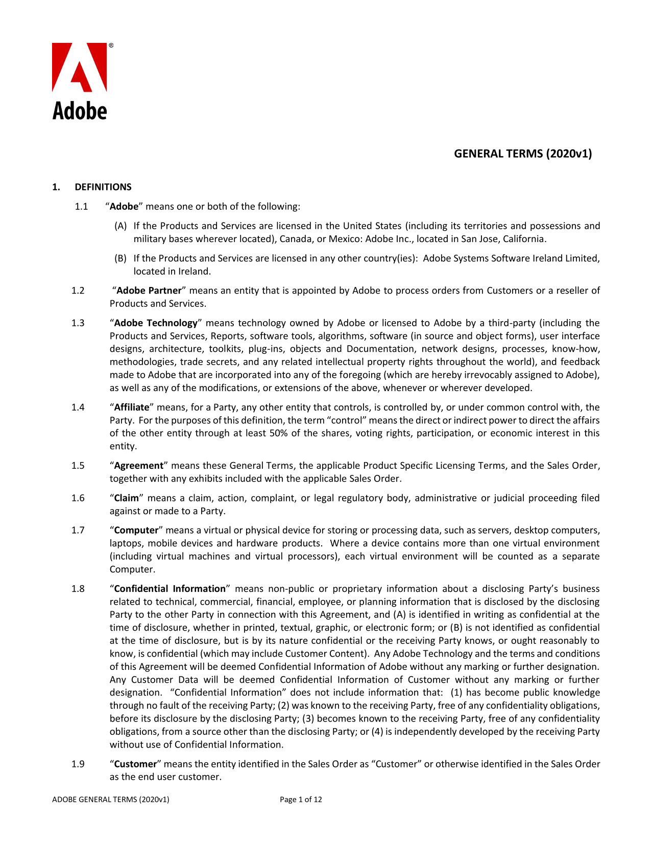 Adobe General Terms (2020v1) screenshot