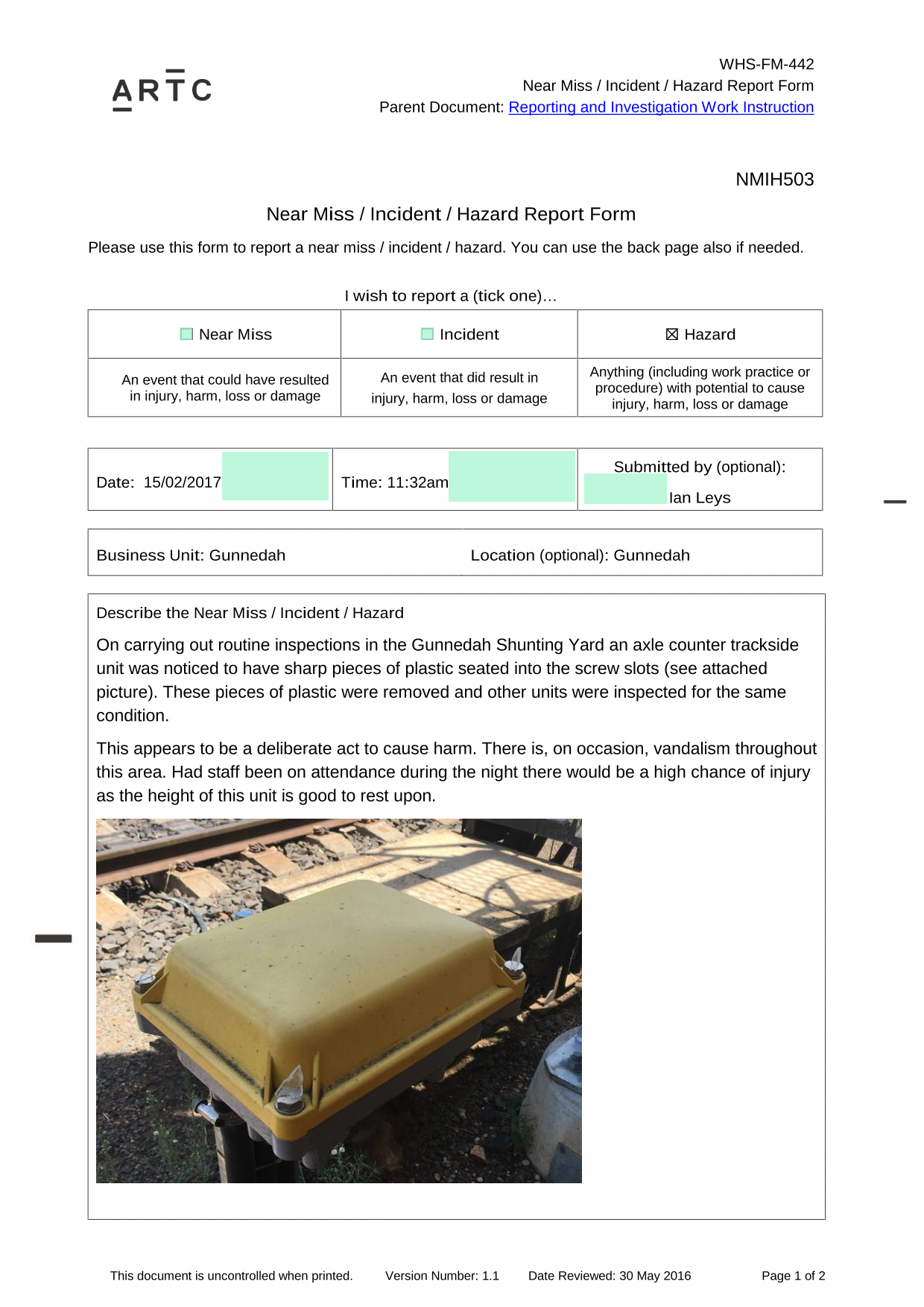Near Miss  Incident  Hazard Report Form screenshot