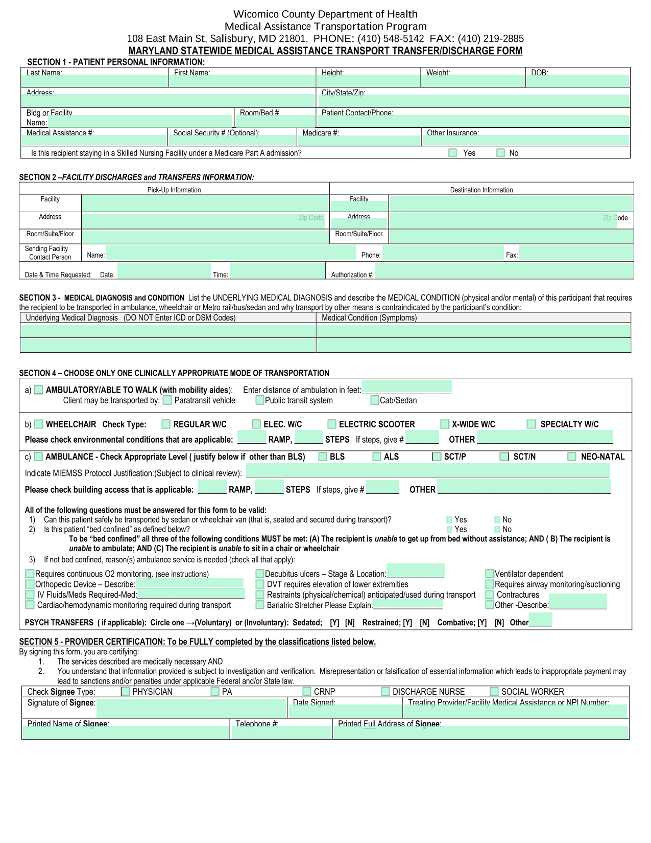 Maryland Statewide Medical Assistance Transport TransferDischarge Form screenshot