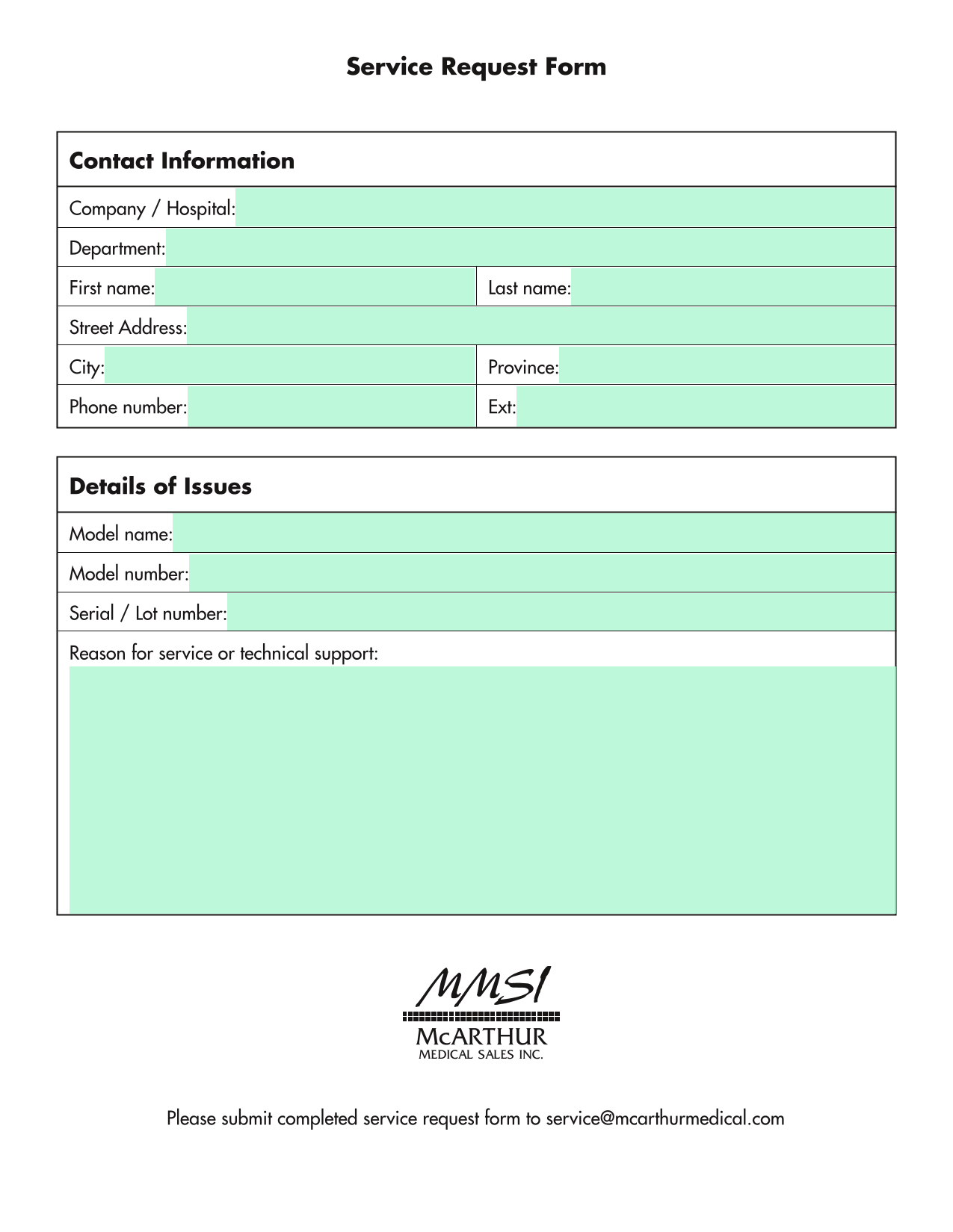 Service Request Form screenshot