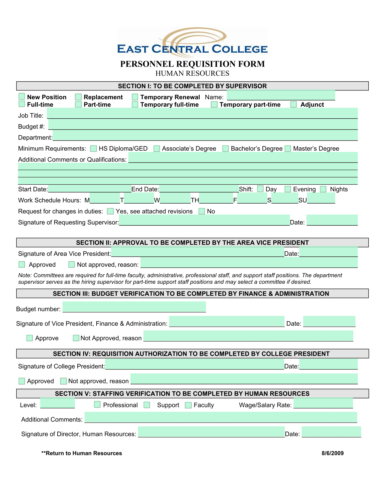 PERSONNEL REQUISITION FORM screenshot