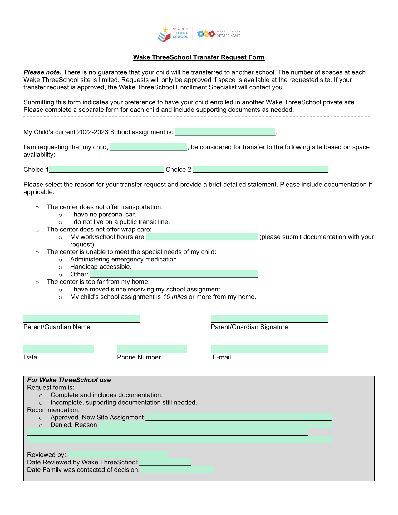 Wake ThreeSchool Transfer Request Form screenshot