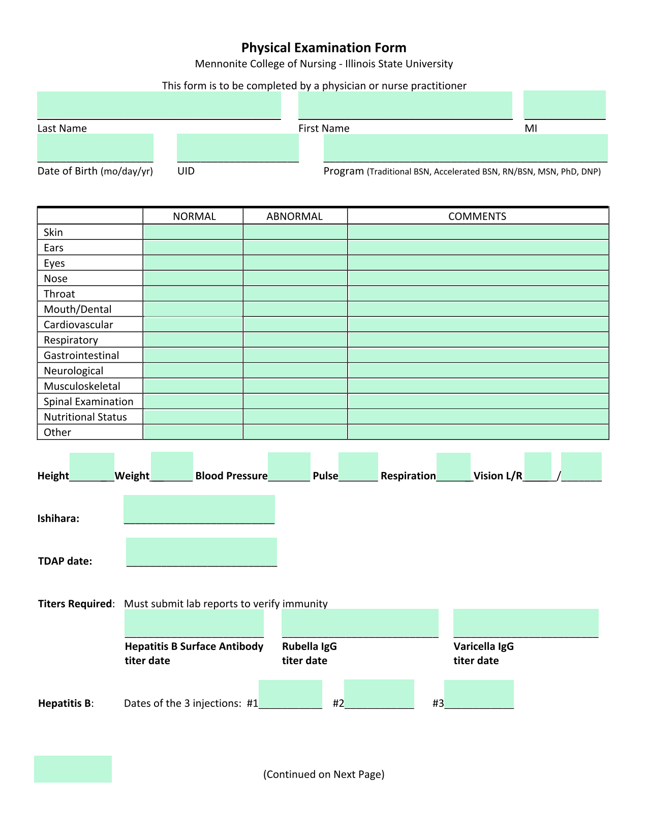 Physical Examination Form screenshot