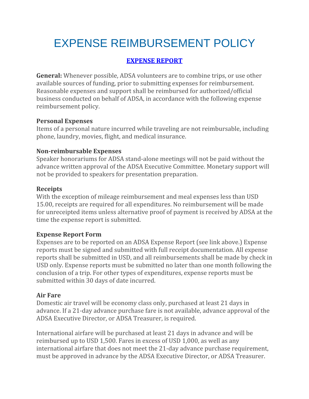 EXPENSE REIMBURSEMENT POLICY screenshot