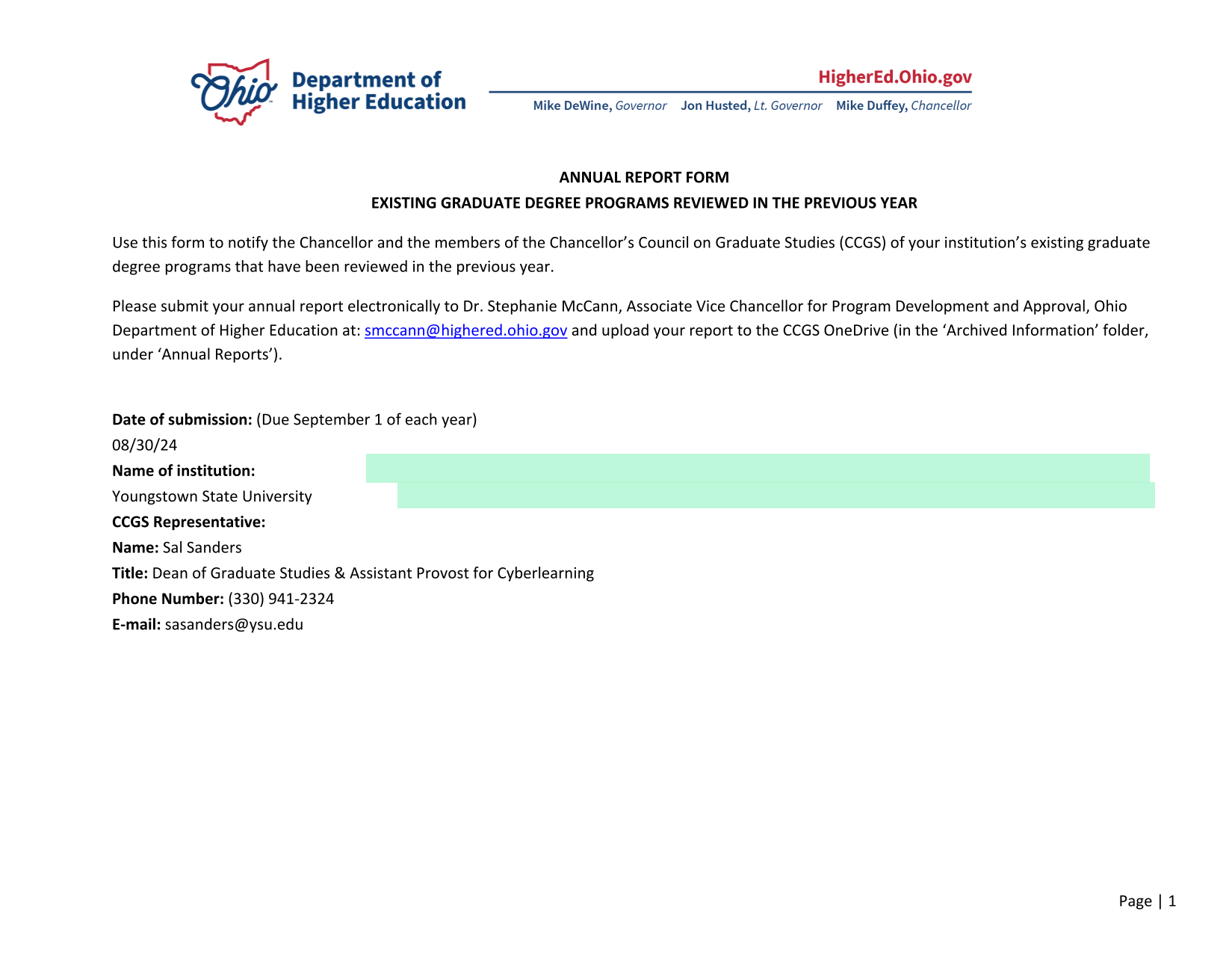 Annual Report Form Existing Graduate Degree Programs Reviewed In The Previous Year screenshot