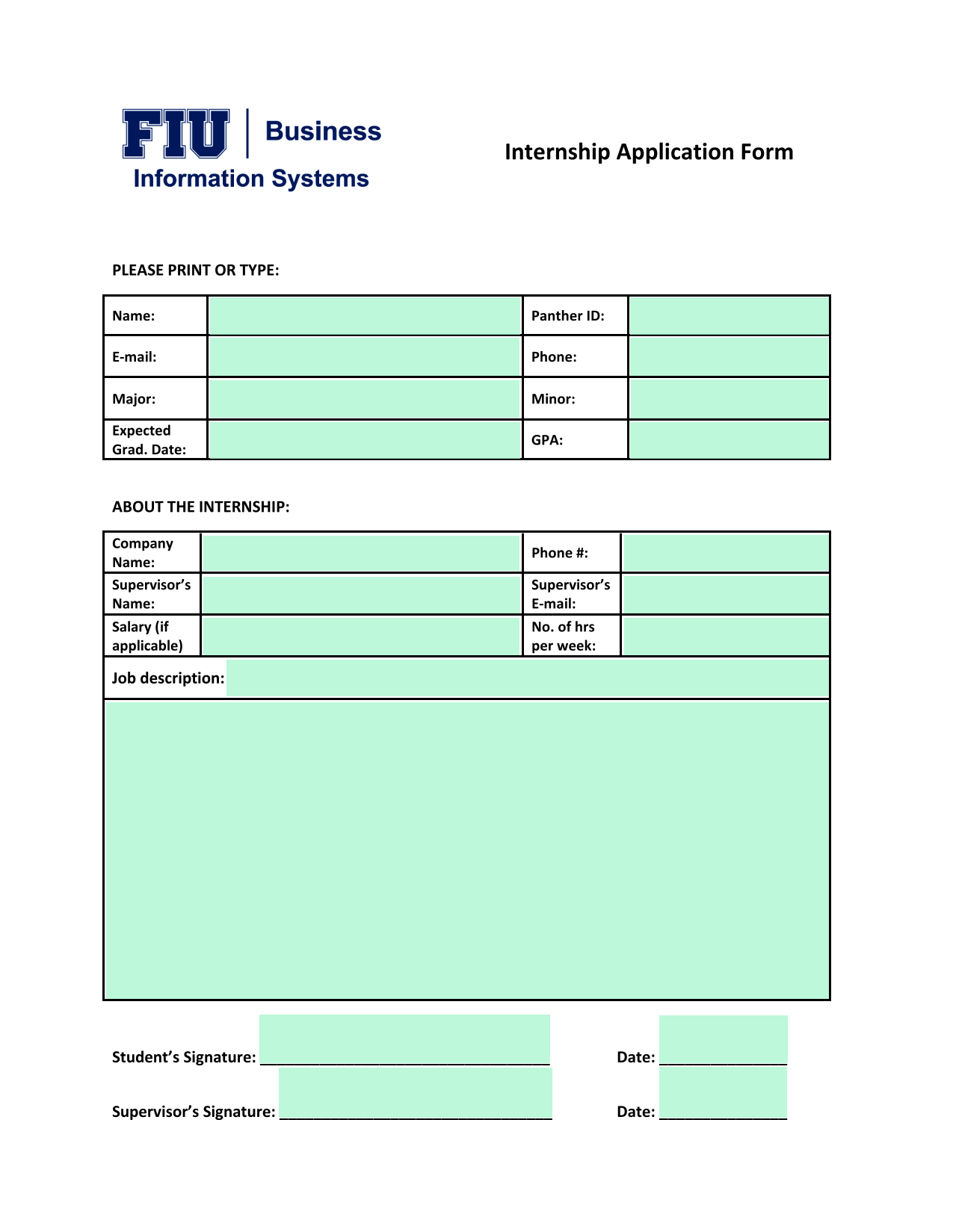 Internship Application Form screenshot
