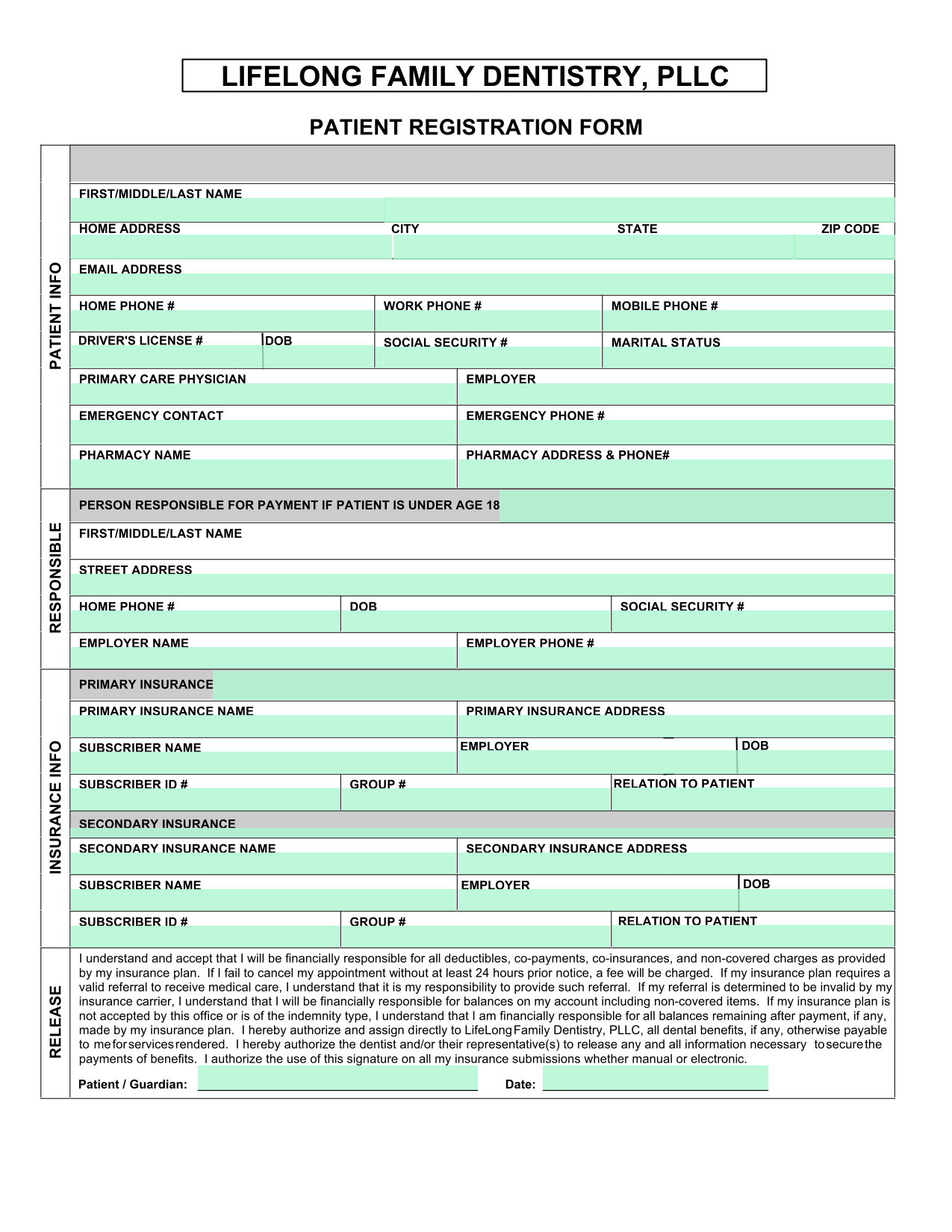 PATIENT REGISTRATION FORM screenshot