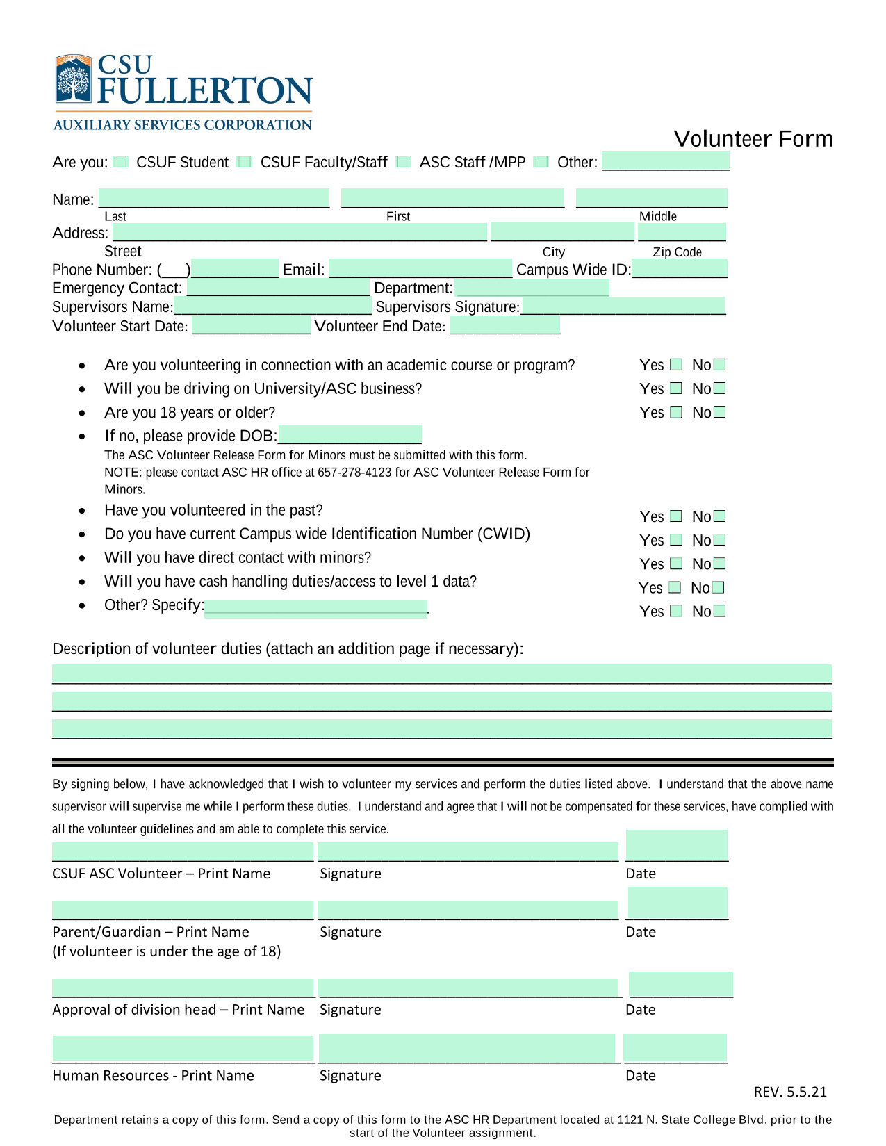 Volunteer Form screenshot