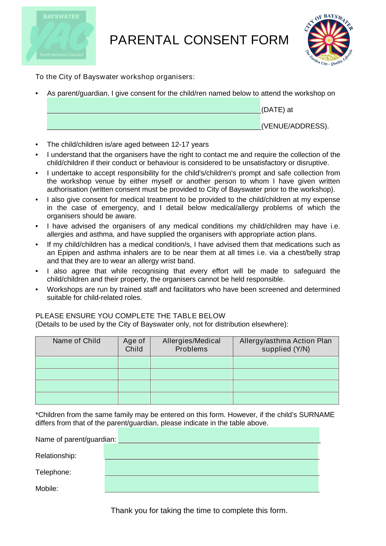 Parental Consent Form screenshot