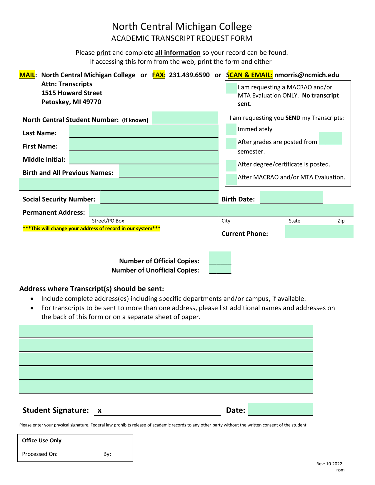 Academic Transcript Request Form screenshot