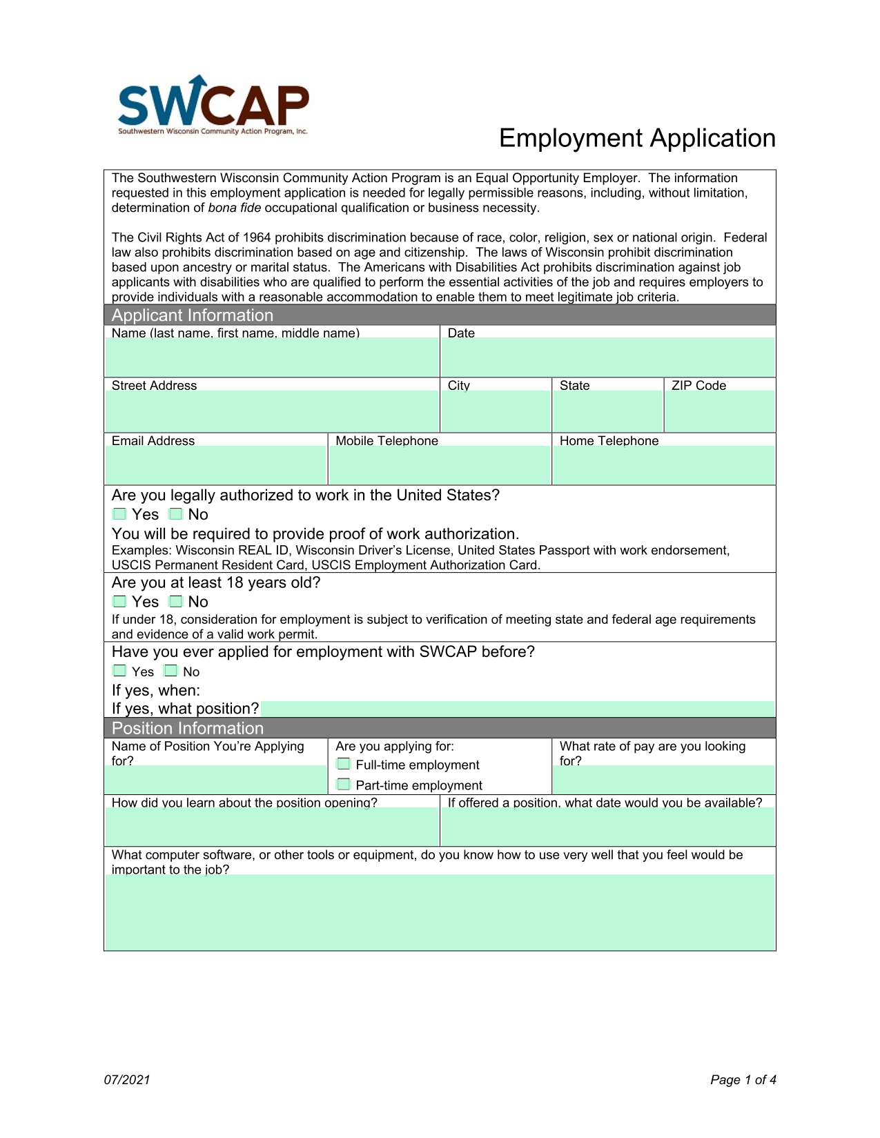 Employment Application screenshot