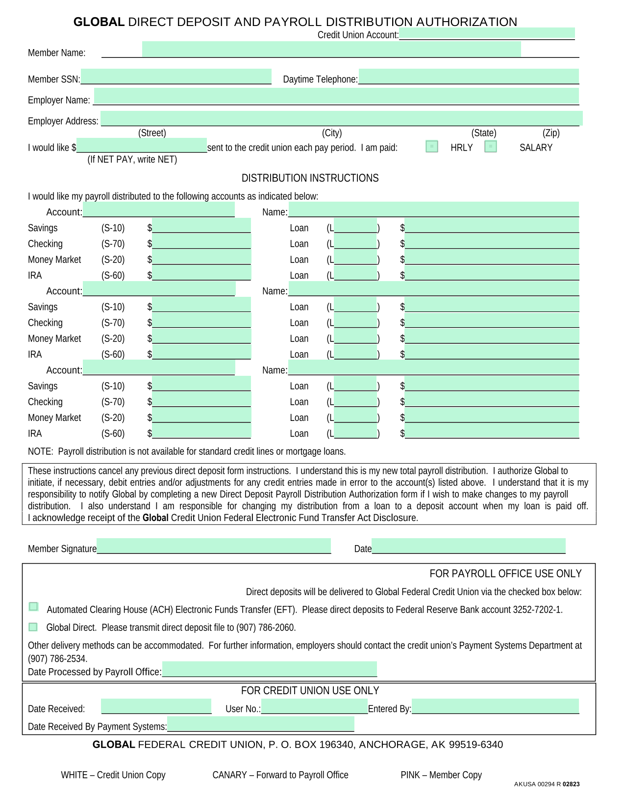 Global Direct Deposit And Payroll Distribution Authorization screenshot
