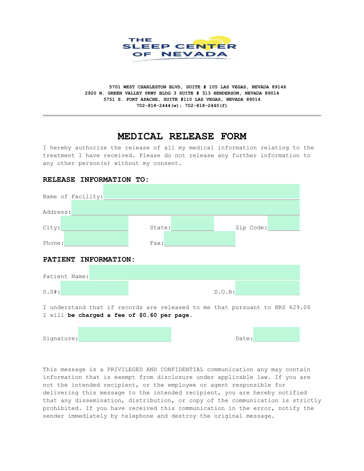 Medical Release Form screenshot
