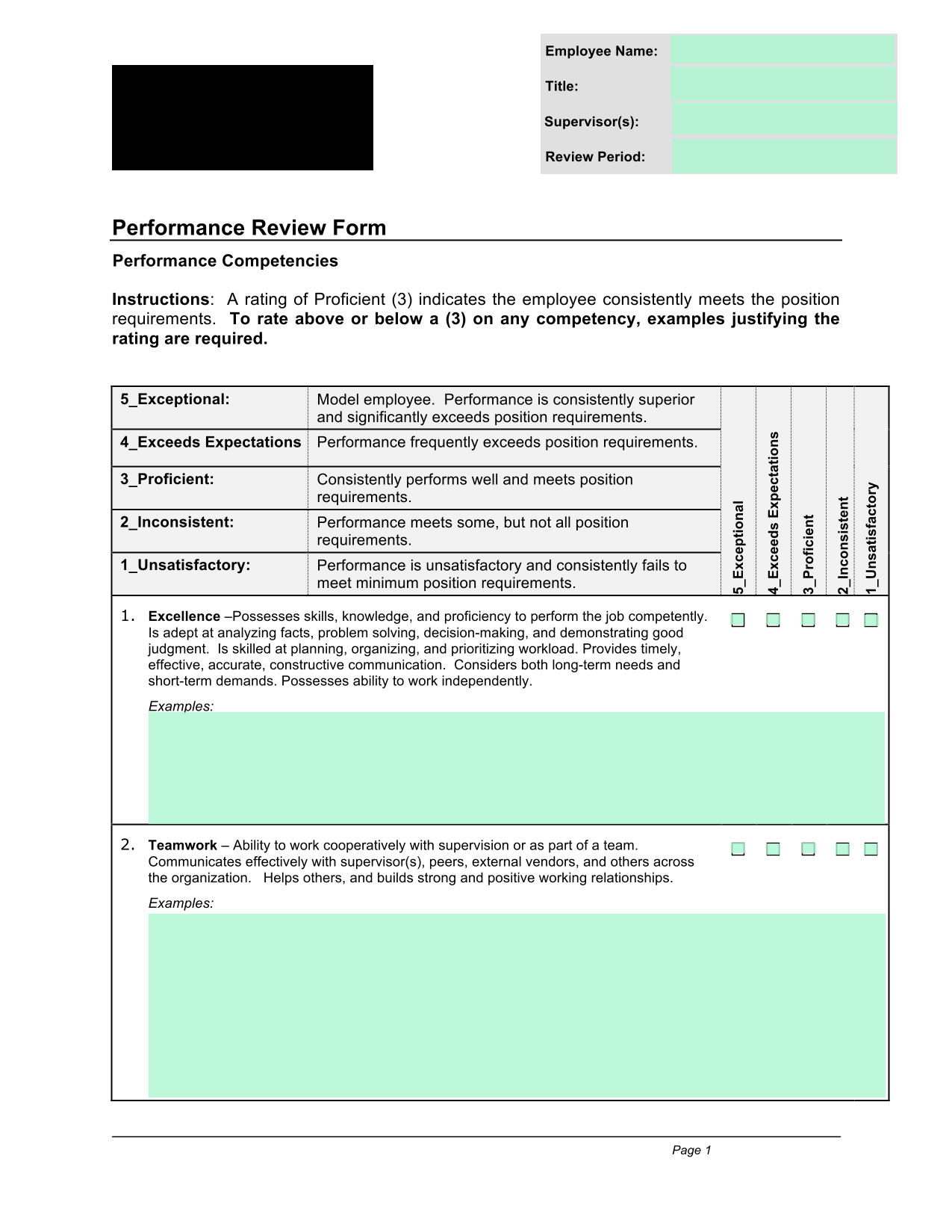 Performance Review Form screenshot