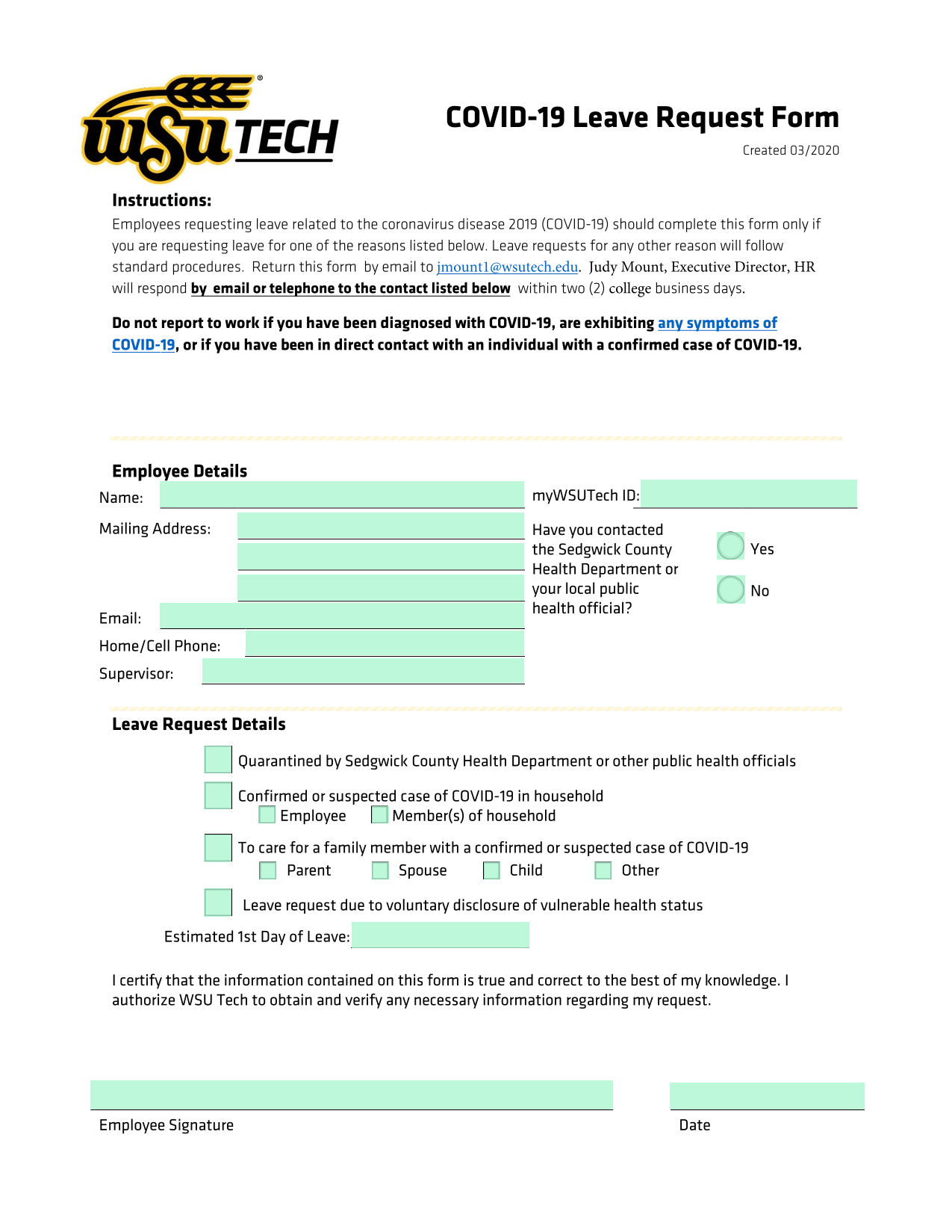 COVID 19 Leave Request Form screenshot