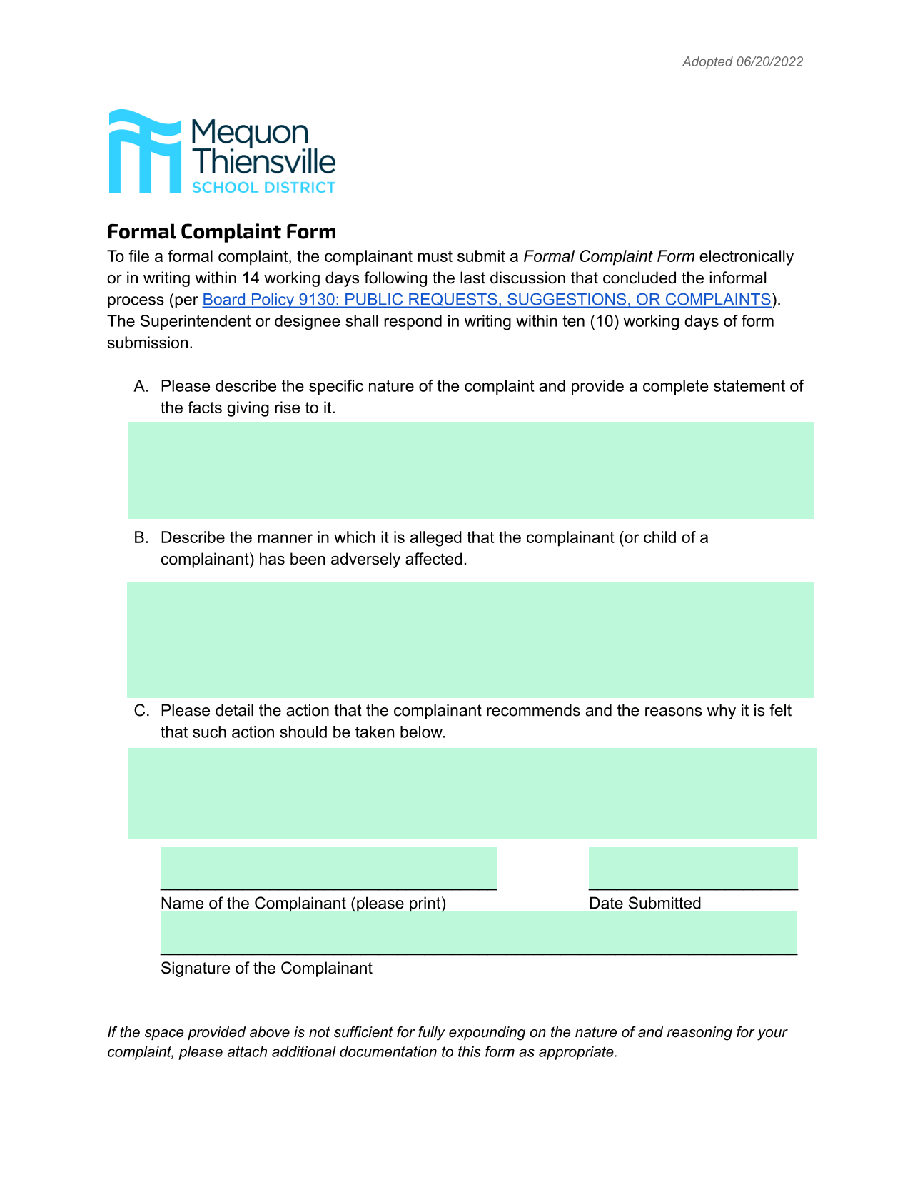 Formal Complaint Form screenshot