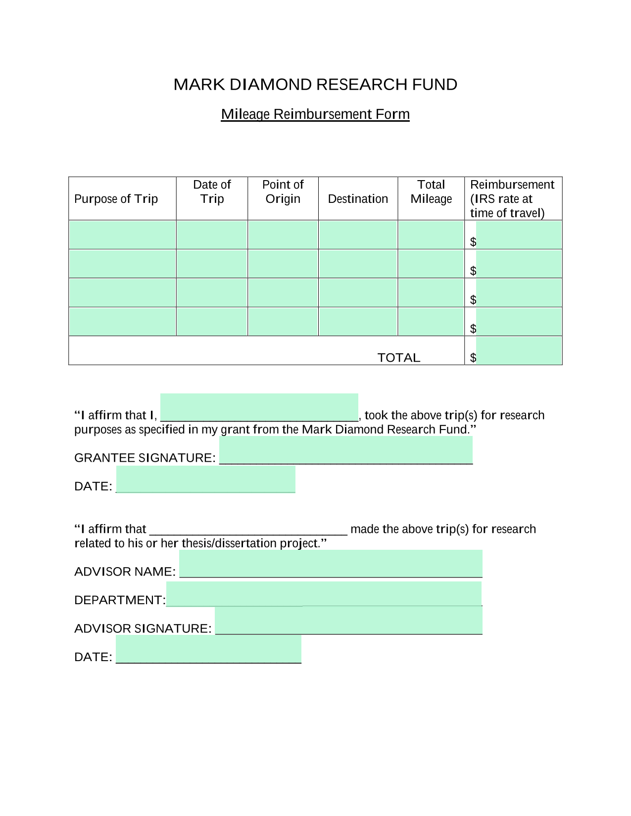 Mileage Reimbursement Form screenshot